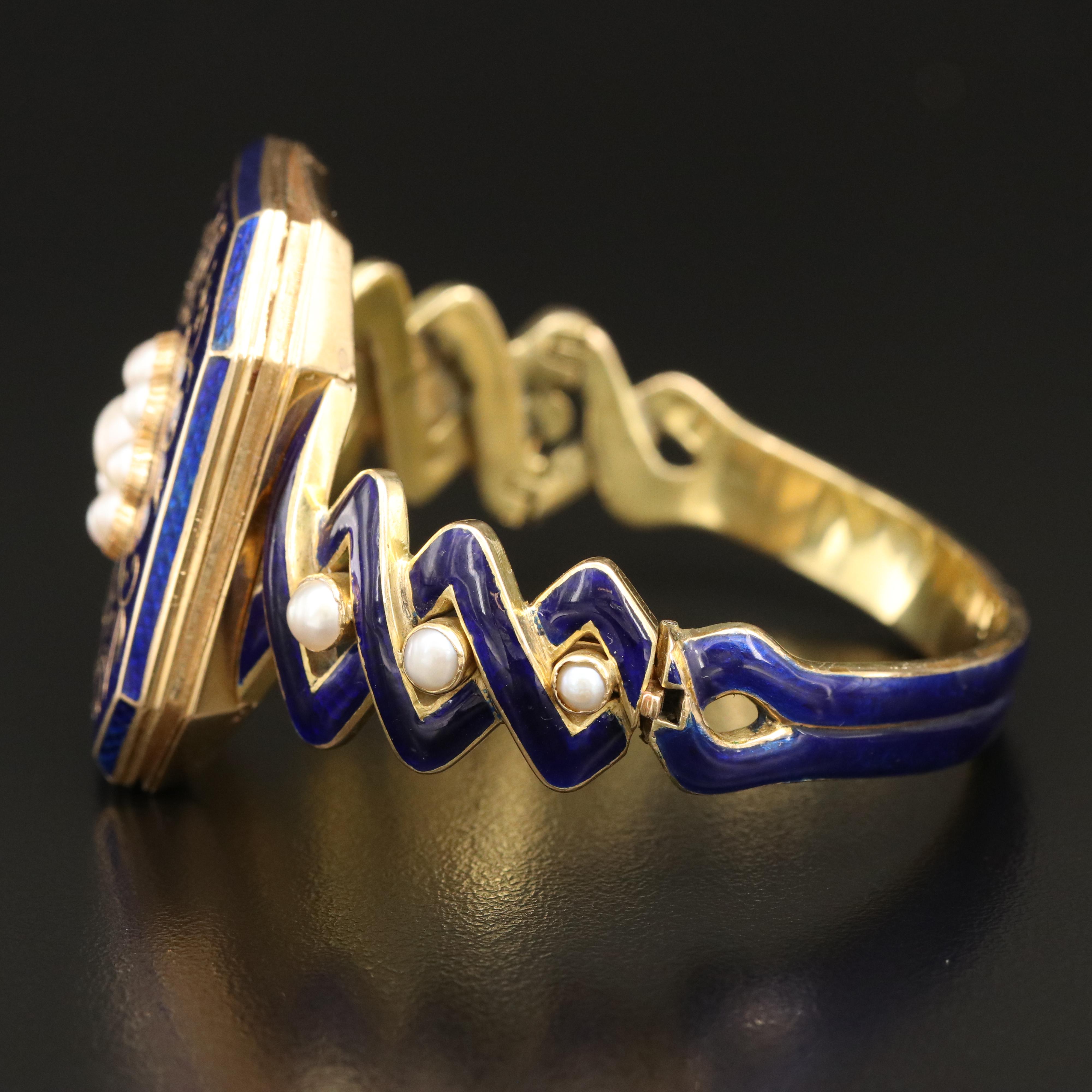 Victorian 18K Pearl and Enamel Mourning Locket Bracelet