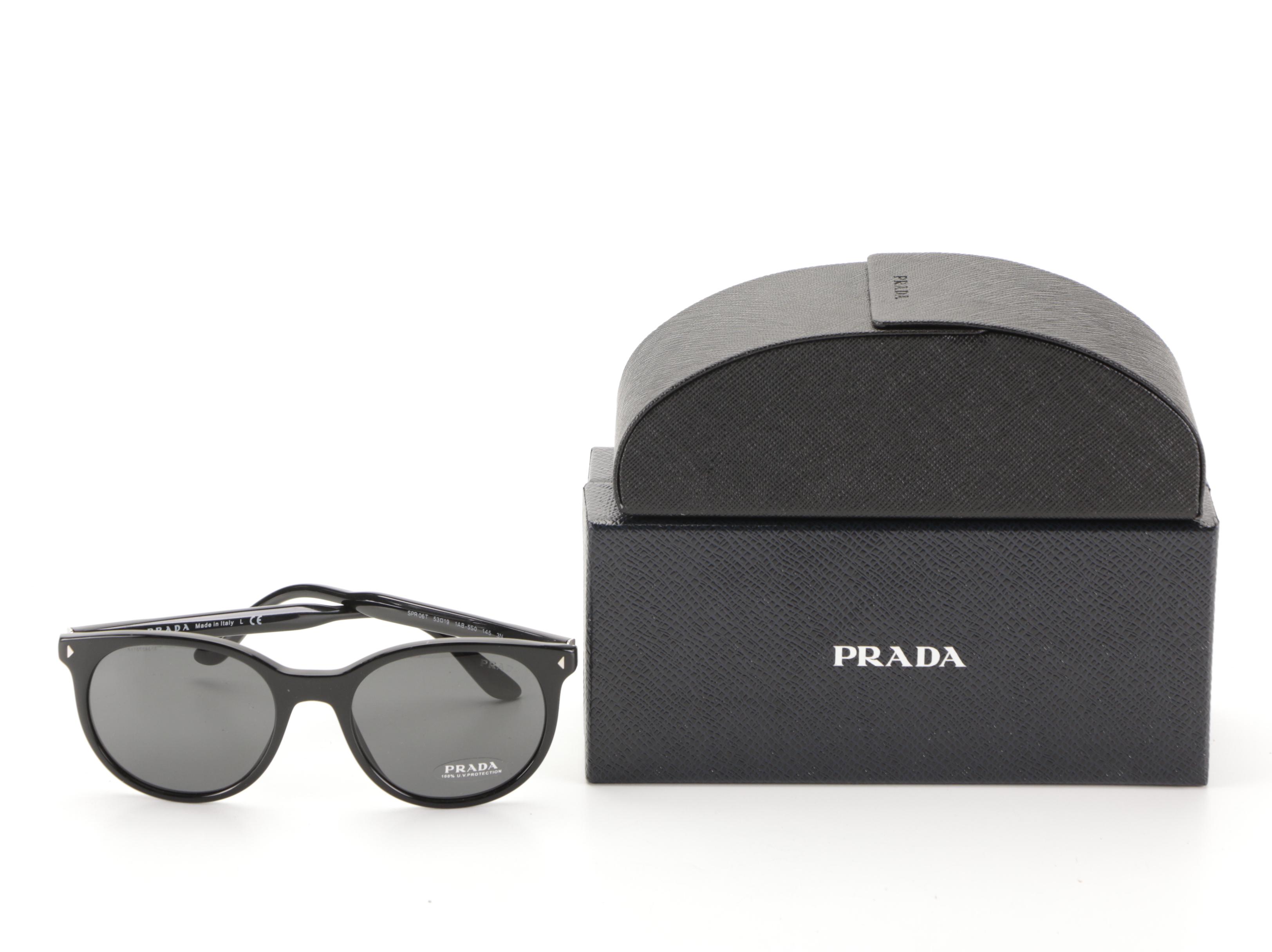 Prada SPR 06T Round Sunglasses in Black Acetate with Case and Box