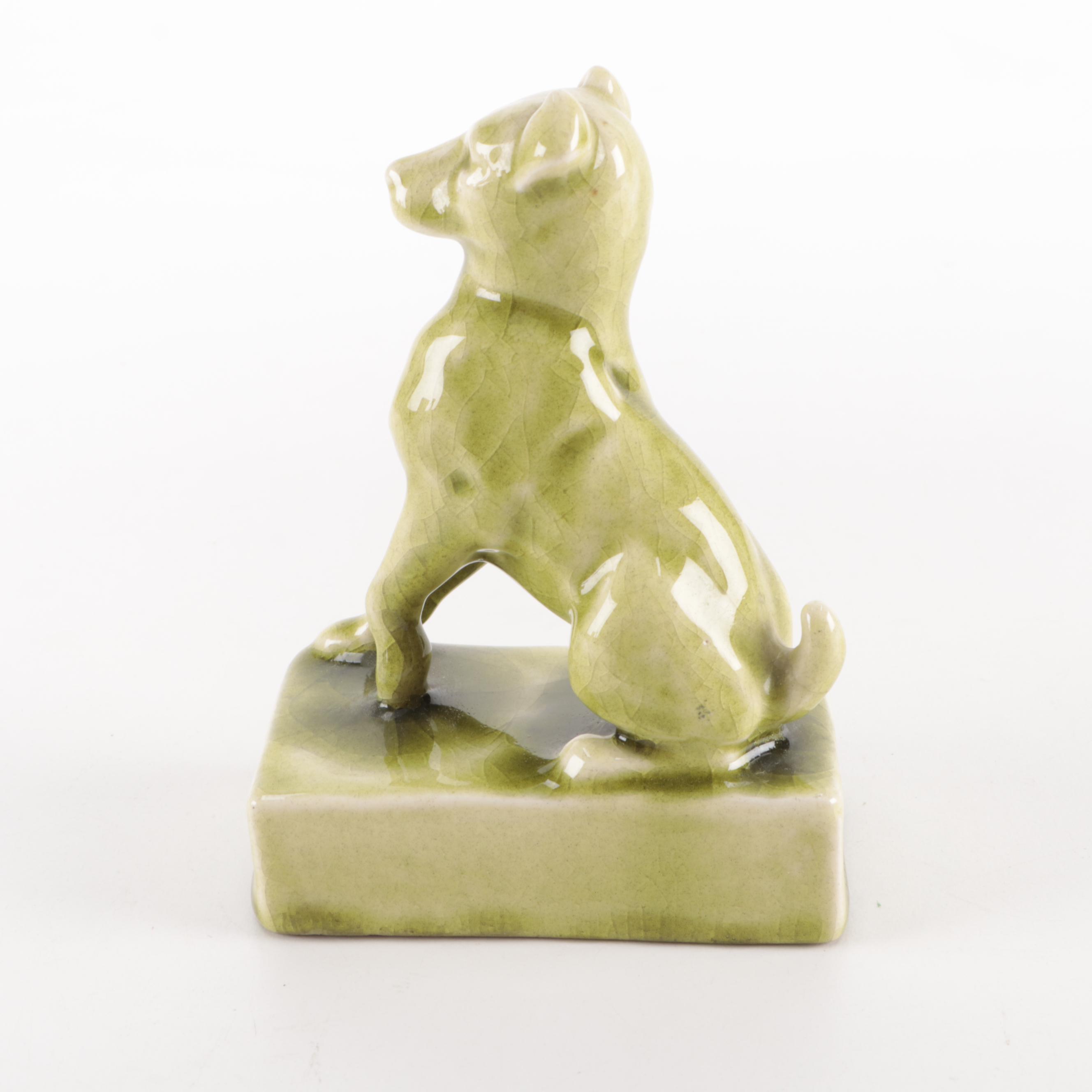 Rookwod Pottery High Glaze Green Dog Paperweight, 1900