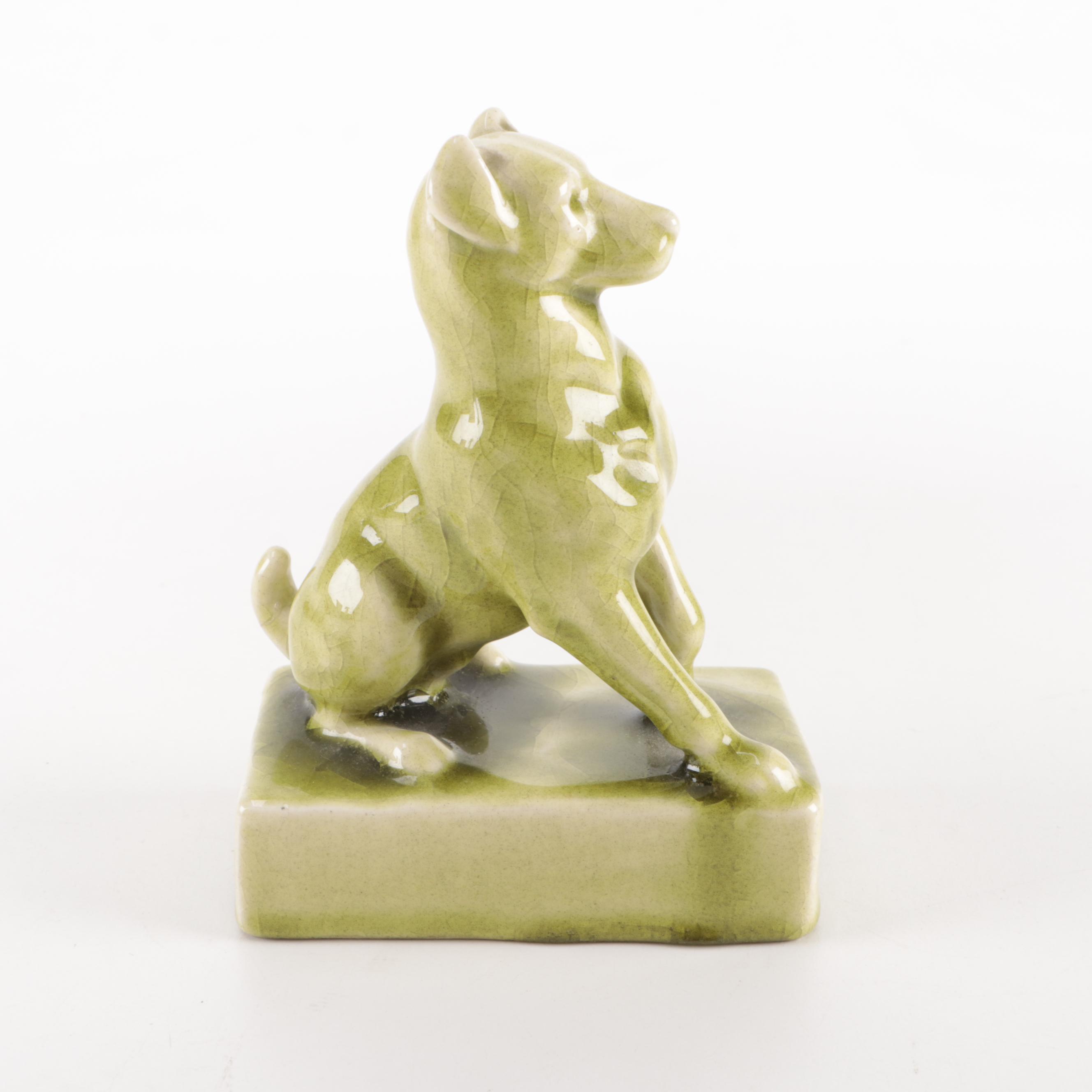 Rookwod Pottery High Glaze Green Dog Paperweight, 1900