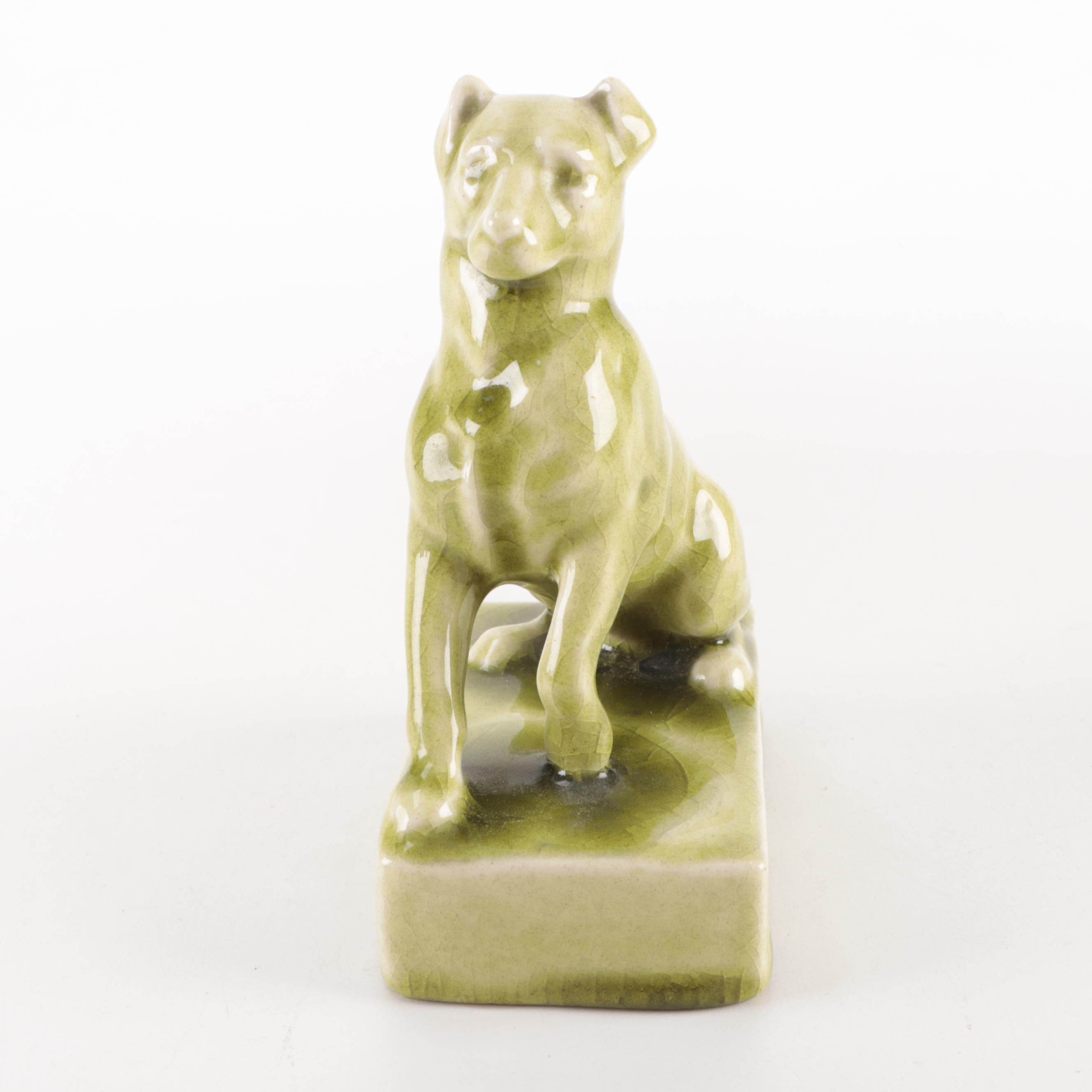 Rookwod Pottery High Glaze Green Dog Paperweight, 1900