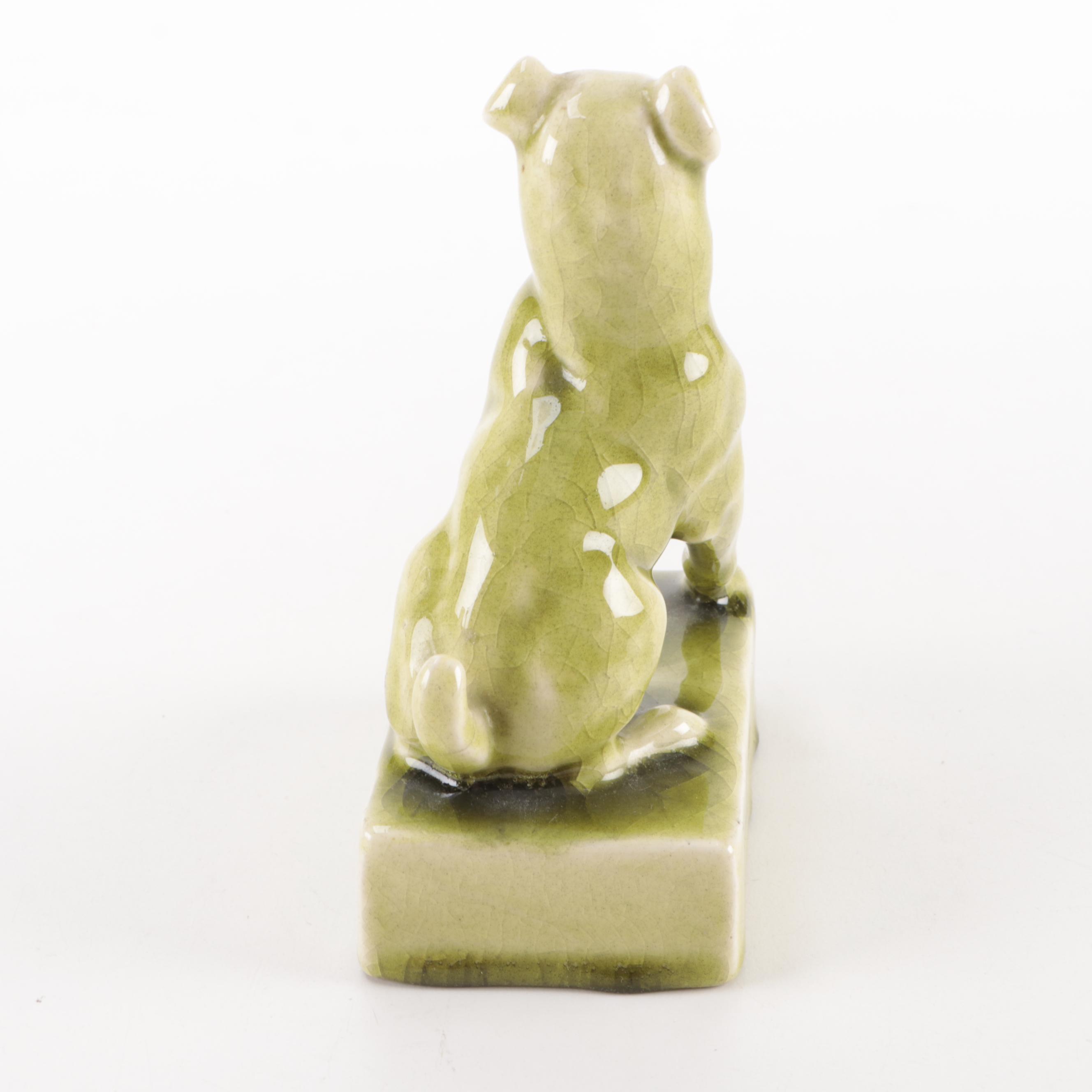 Rookwod Pottery High Glaze Green Dog Paperweight, 1900