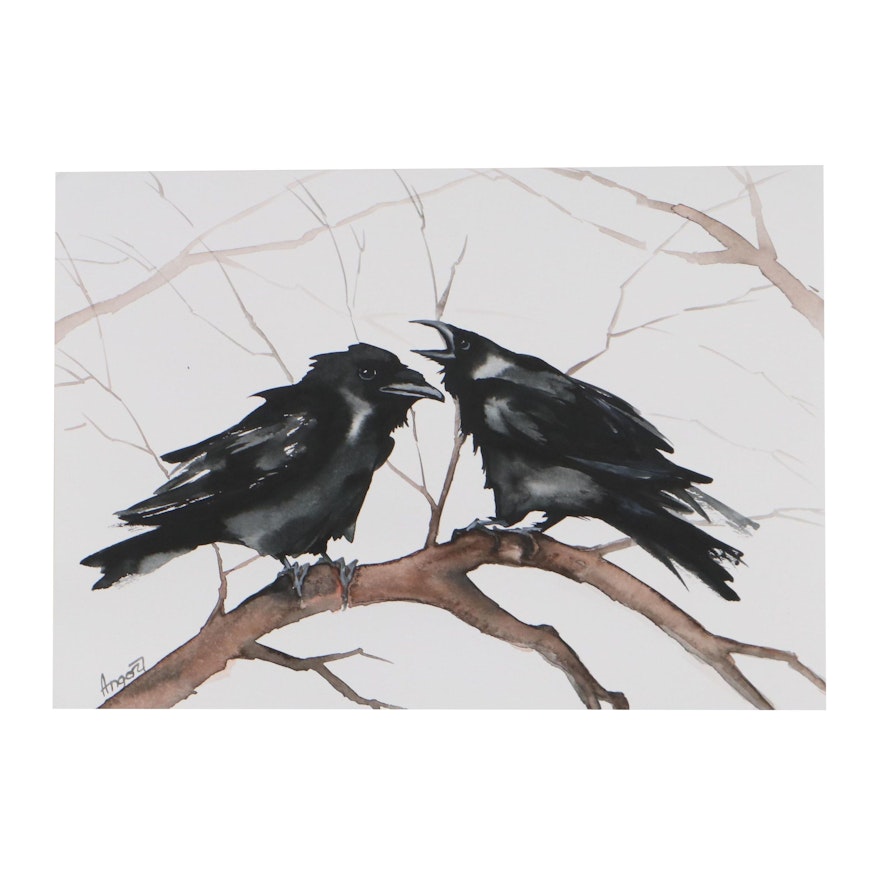 Anne Gorywine Watercolor Painting of Crows, 2019