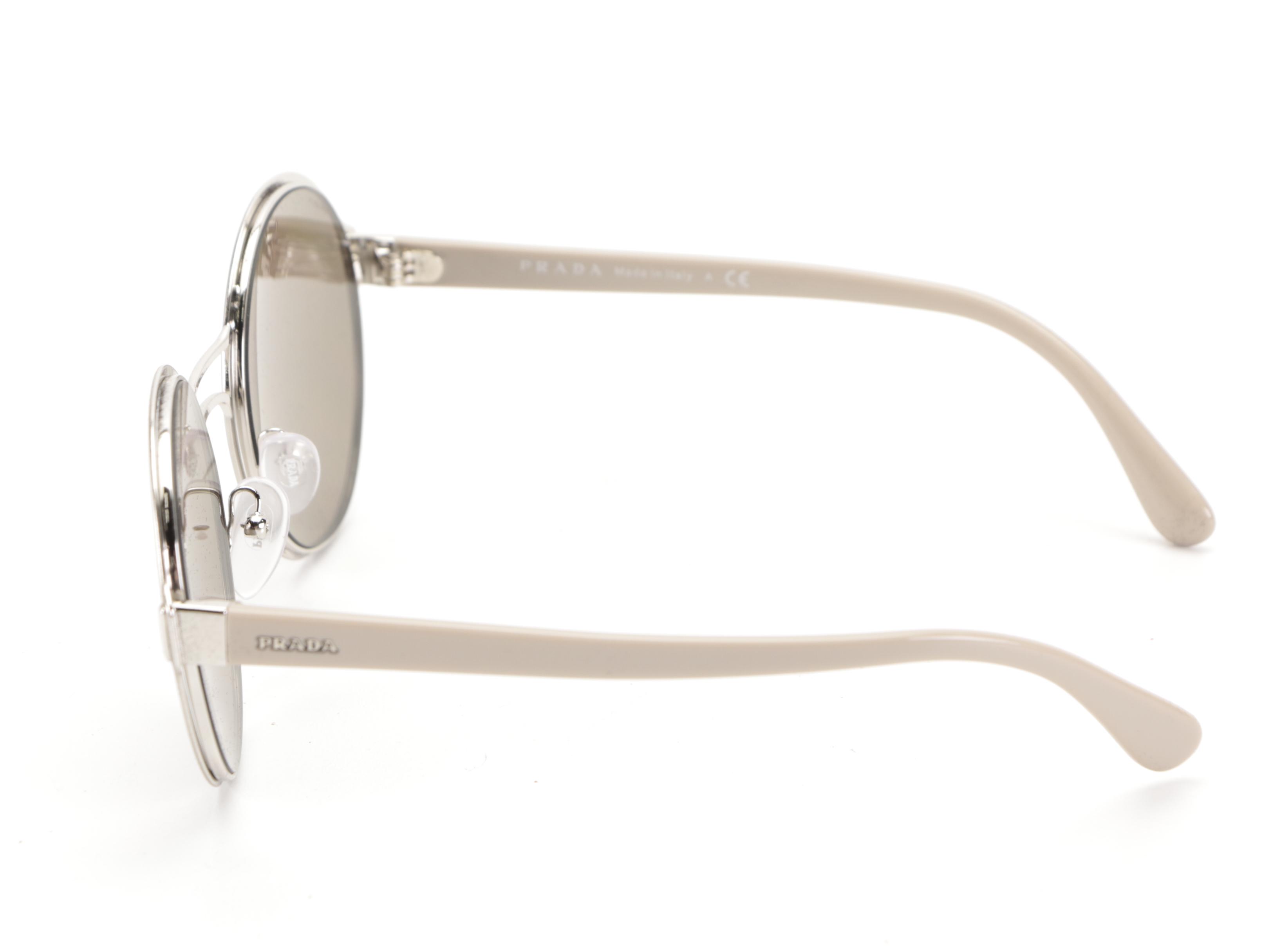 Prada SPR57T Round Sunglasses in Silver/Gray with Case and Box