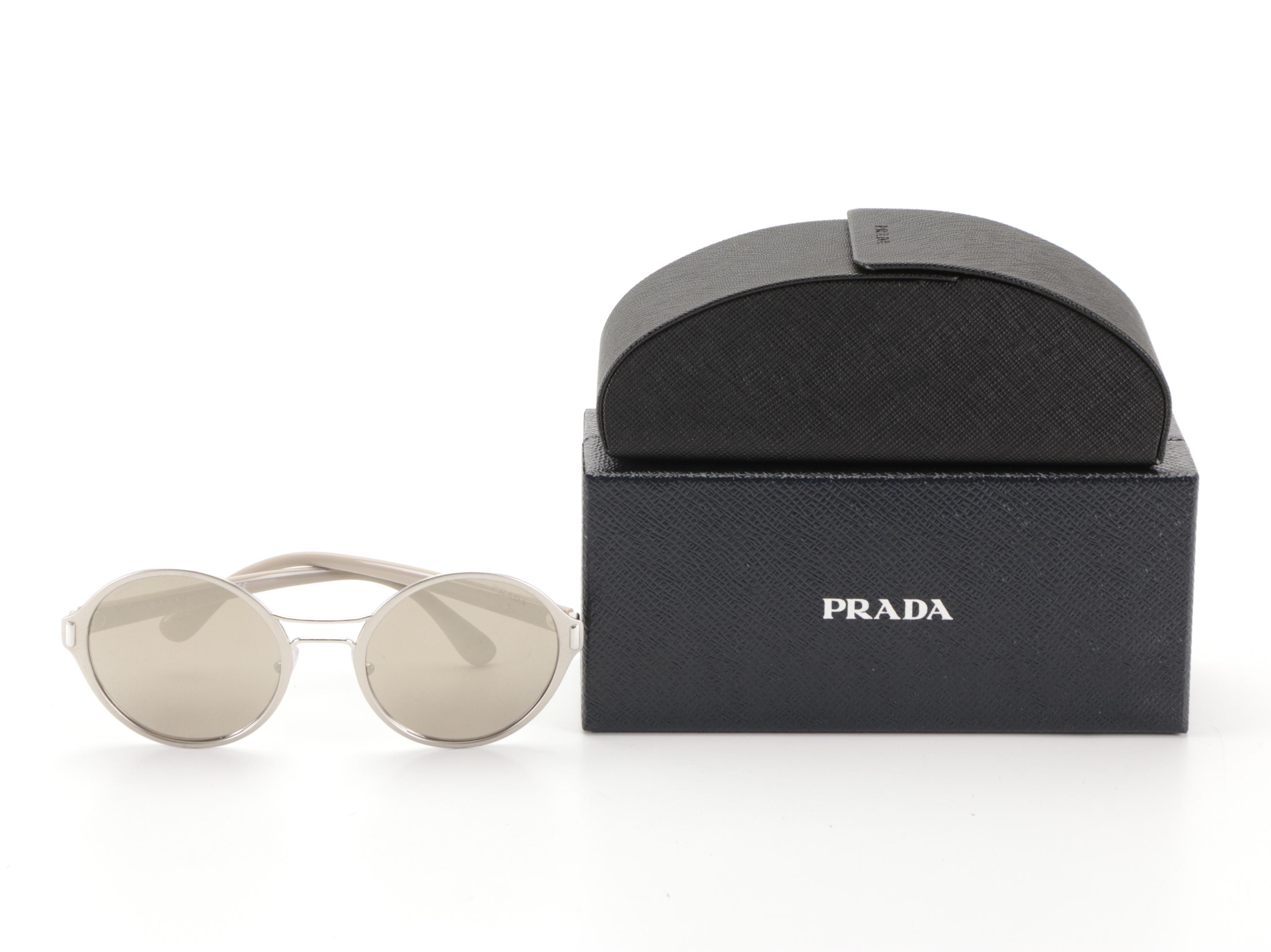 Prada SPR57T Round Sunglasses in Silver/Gray with Case and Box