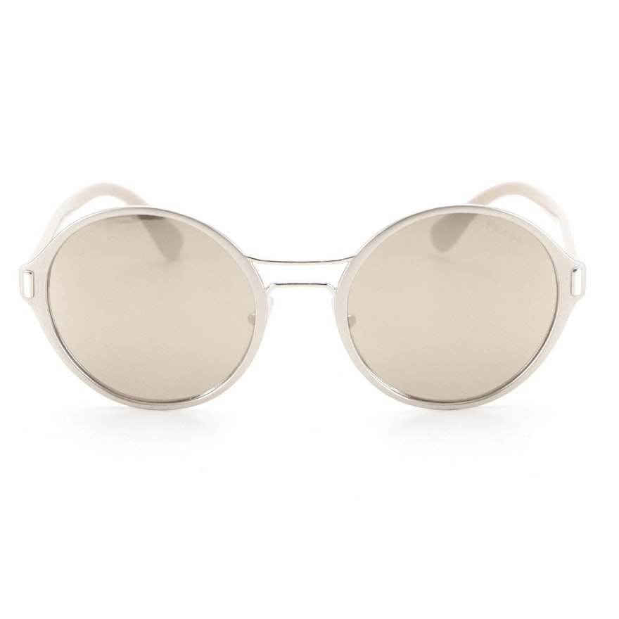 Prada SPR57T Round Sunglasses in Silver/Gray with Case and Box