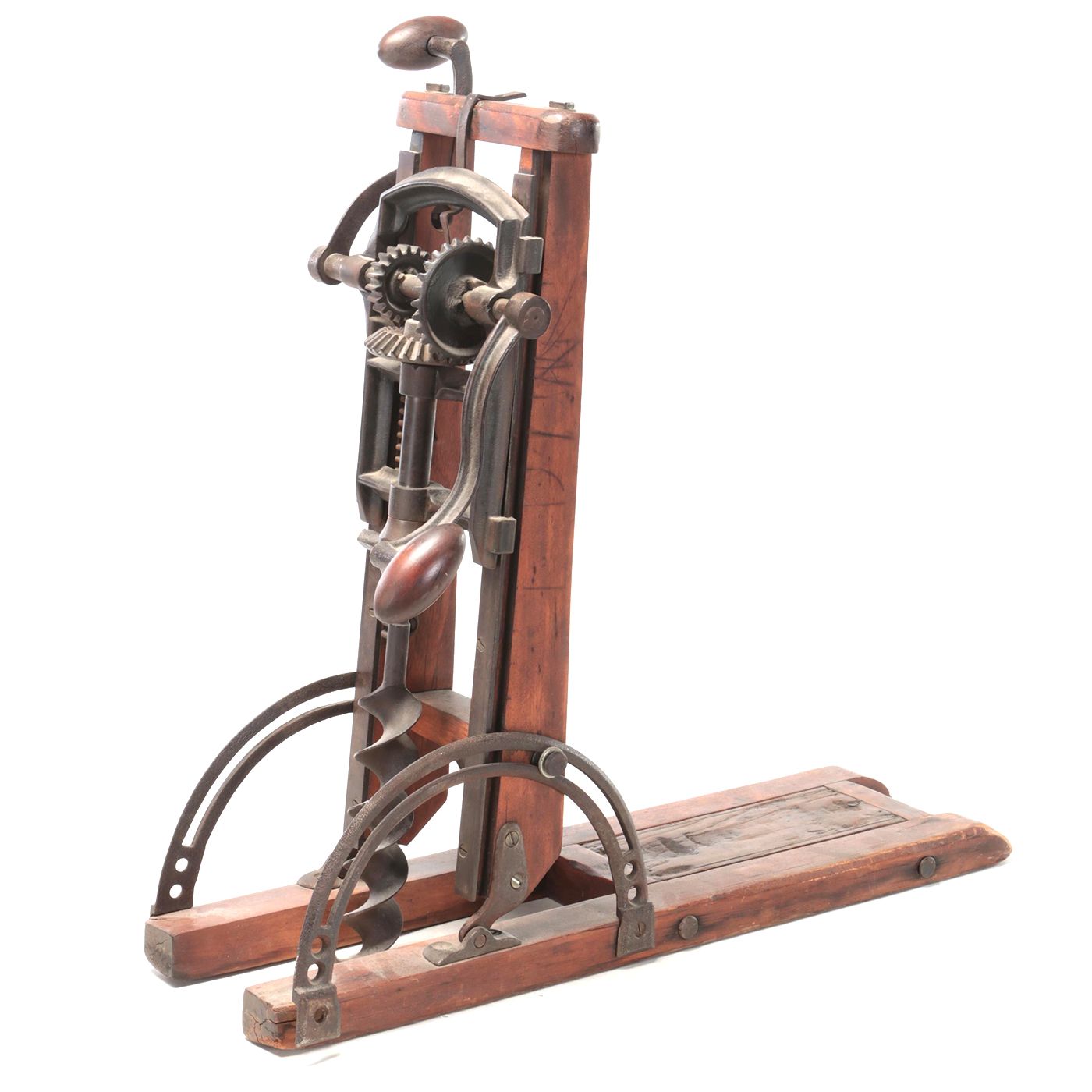 Primitive Wood and Metal Beam Drill Press, Antique