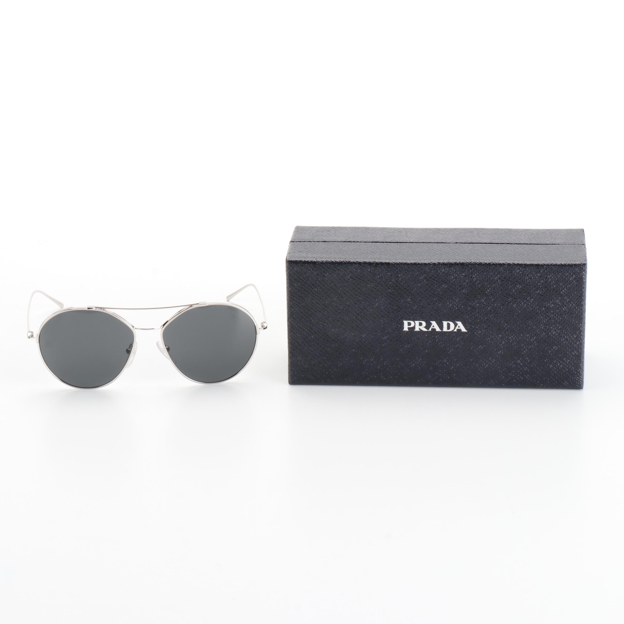 Prada SPR56U Silver Tone Pilot Sunglasses with Case and Box