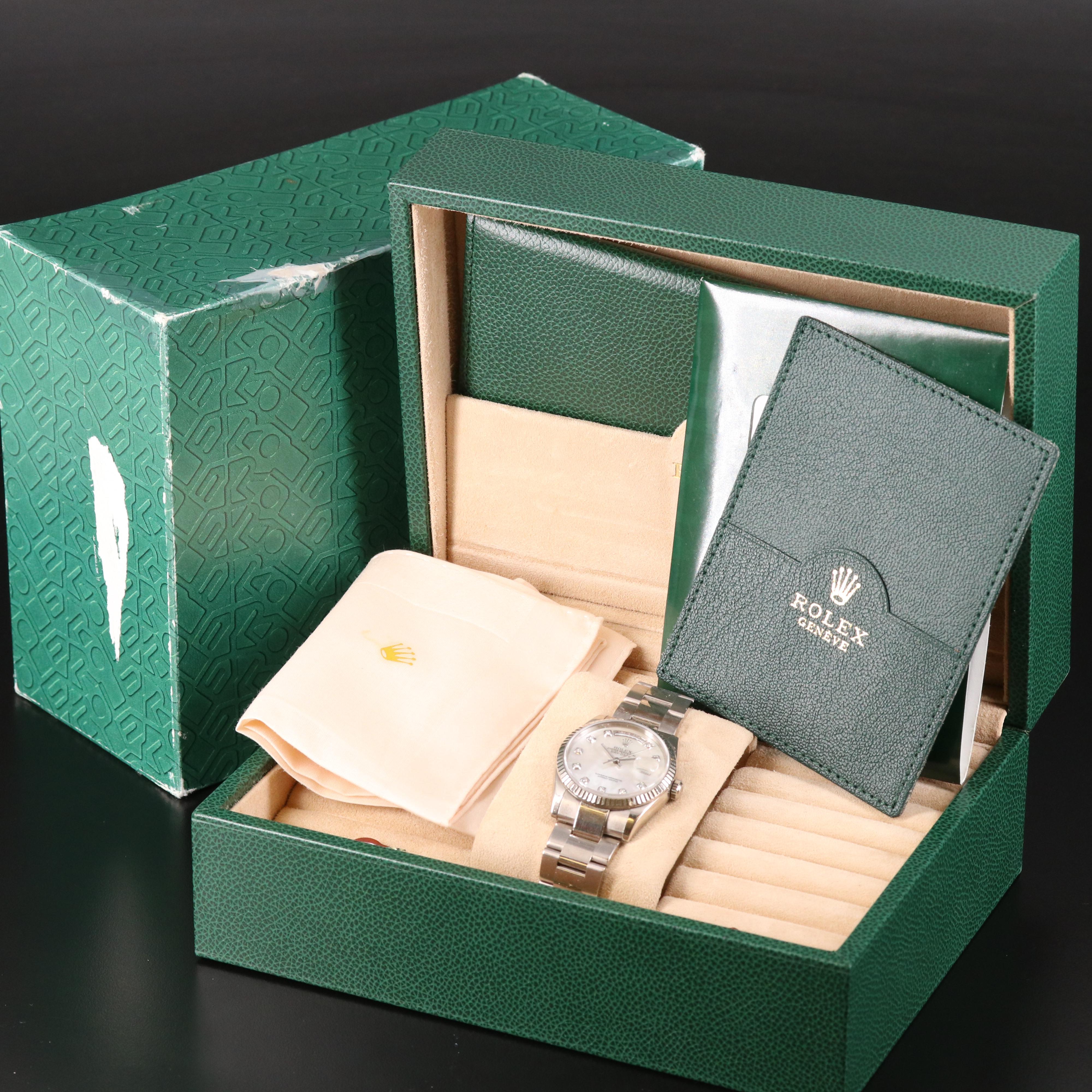 18K Rolex Day-Date White Mother-of-Pearl Factory Diamond Dial Watch