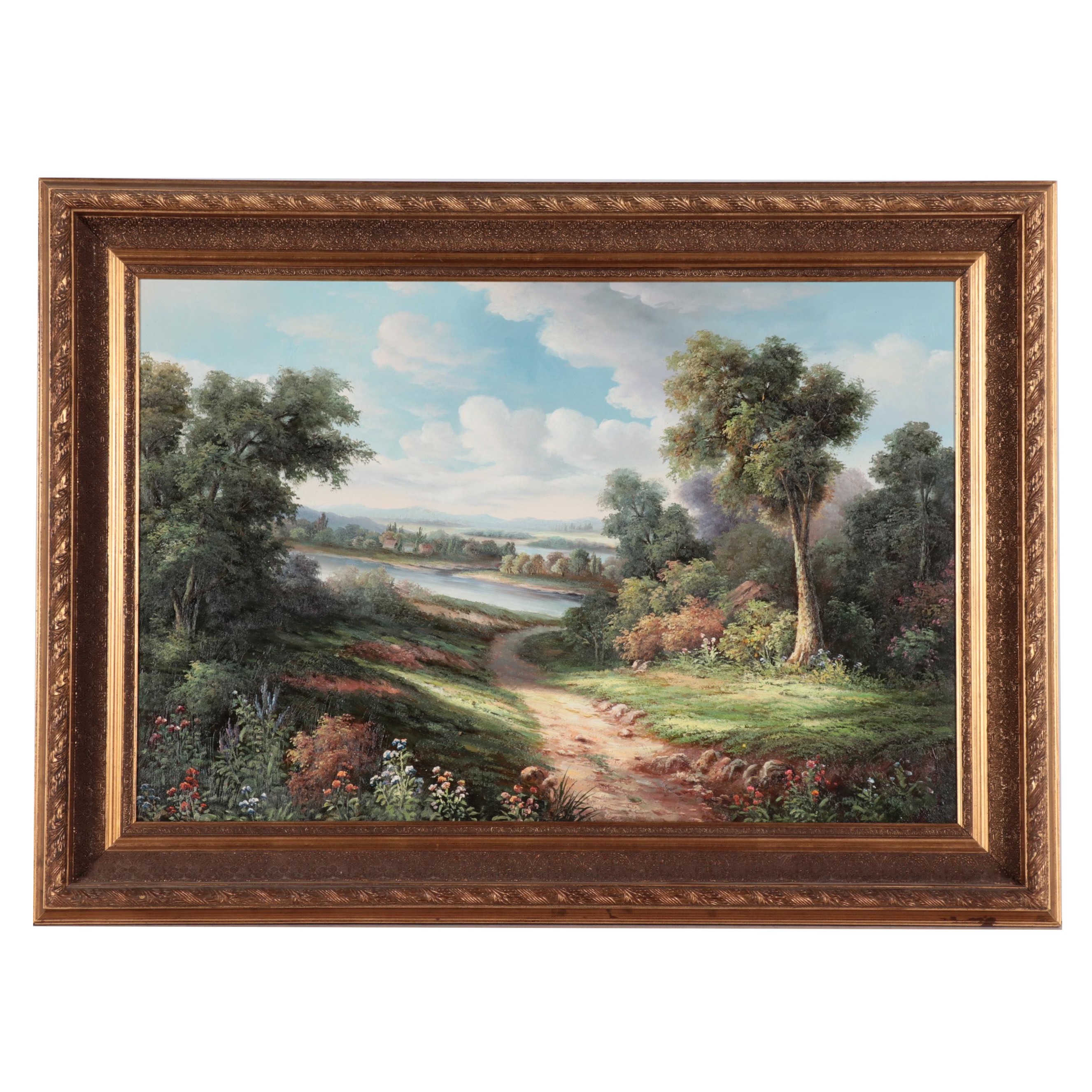 Bucolic Landscape Oil Painting, Circa 2000
