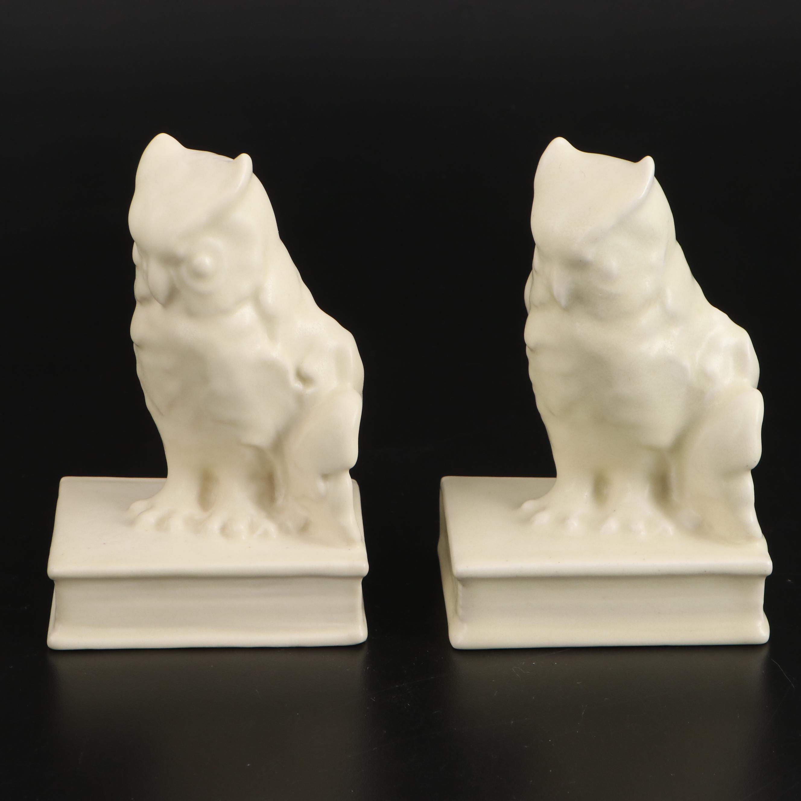 Rookwood Pottery Ivory Glaze Owl Bookends, 1945