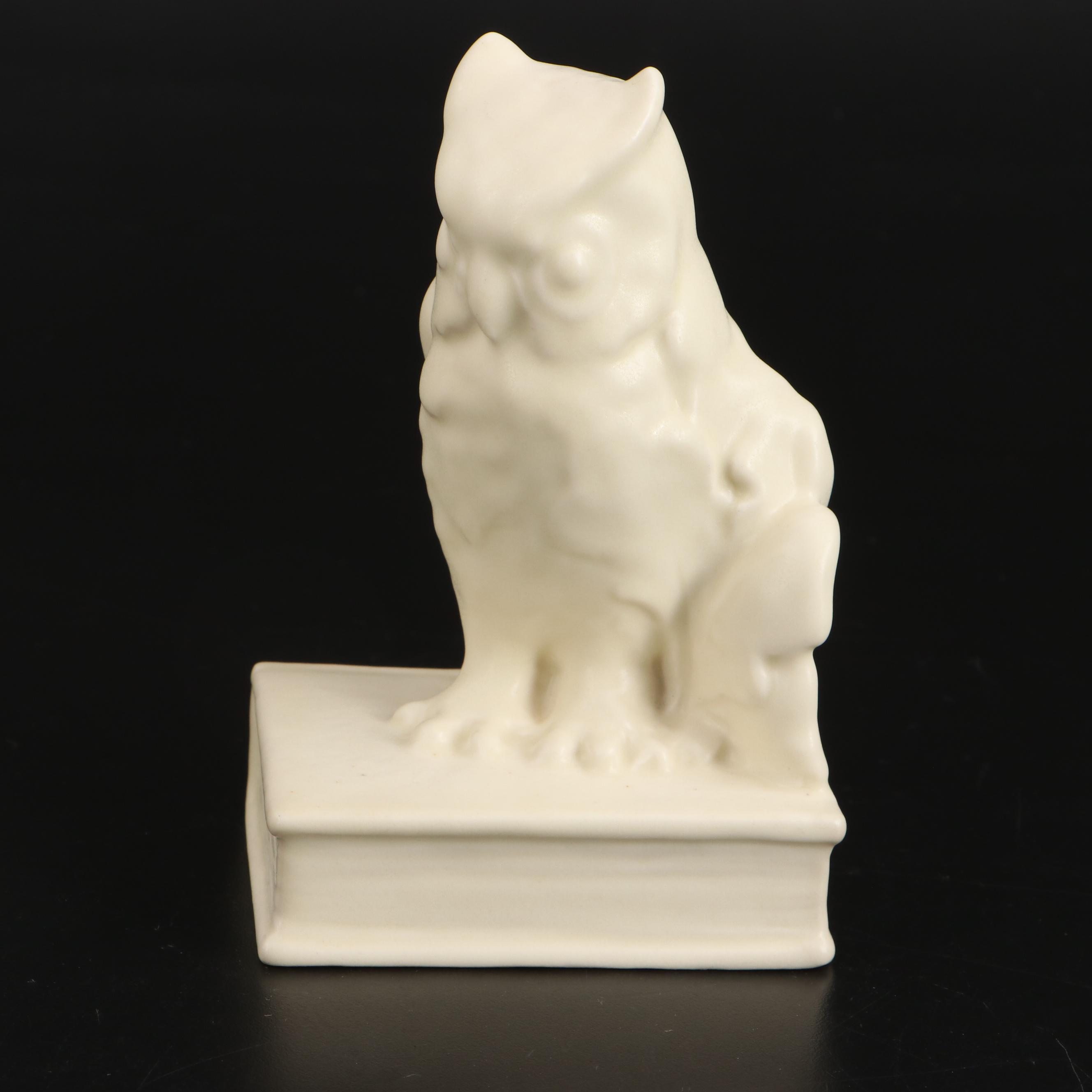 Rookwood Pottery Ivory Glaze Owl Bookends, 1945