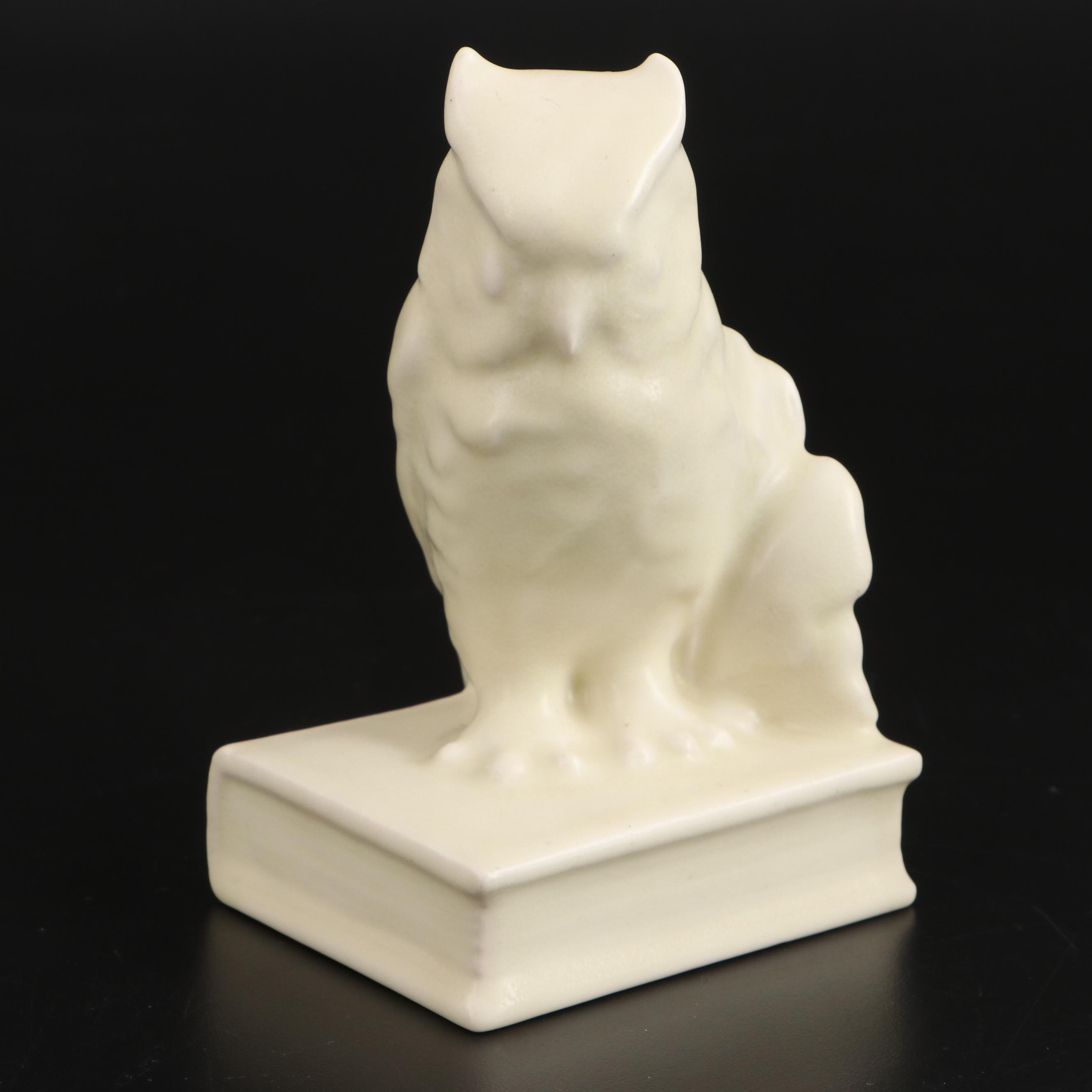 Rookwood Pottery Ivory Glaze Owl Bookends, 1945