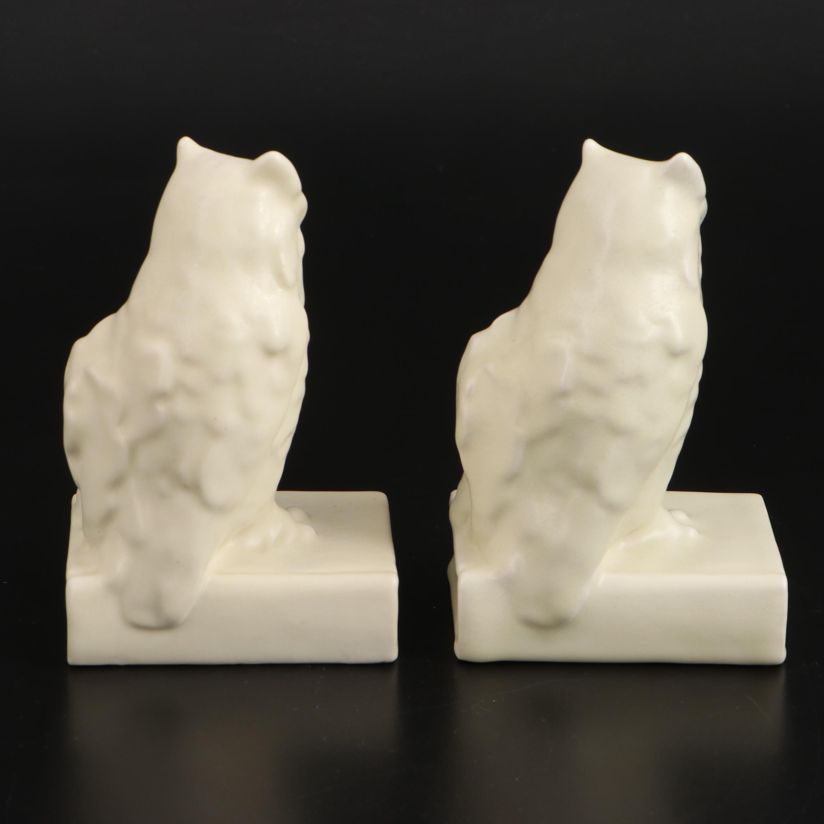Rookwood Pottery Ivory Glaze Owl Bookends, 1945