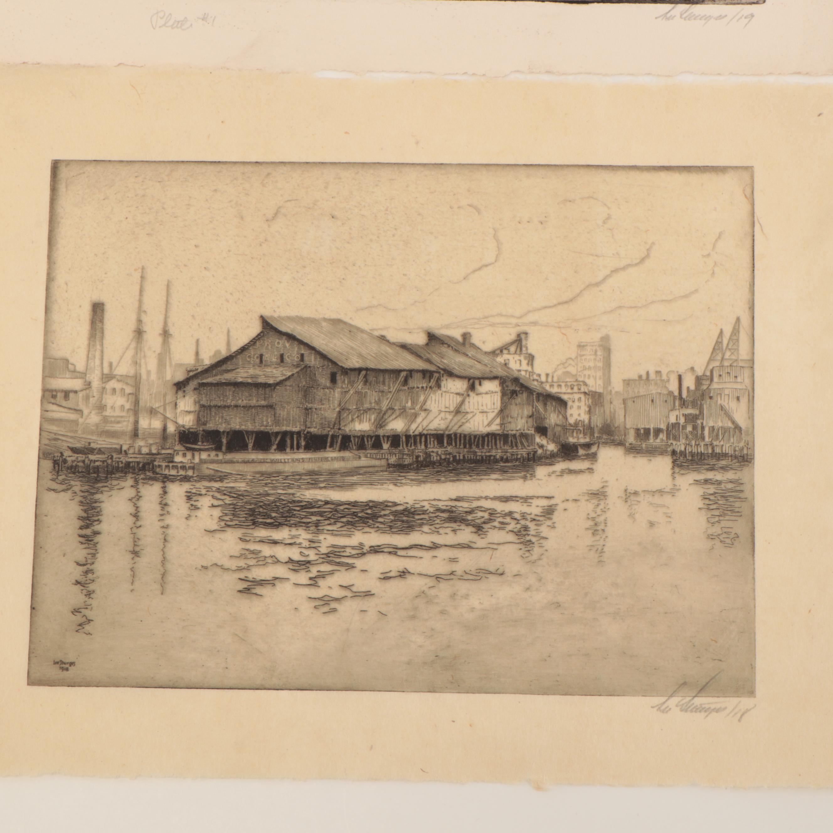 Lee Sturges Etchings "Pier for Boulevard Bridge" and "Coal Docks"