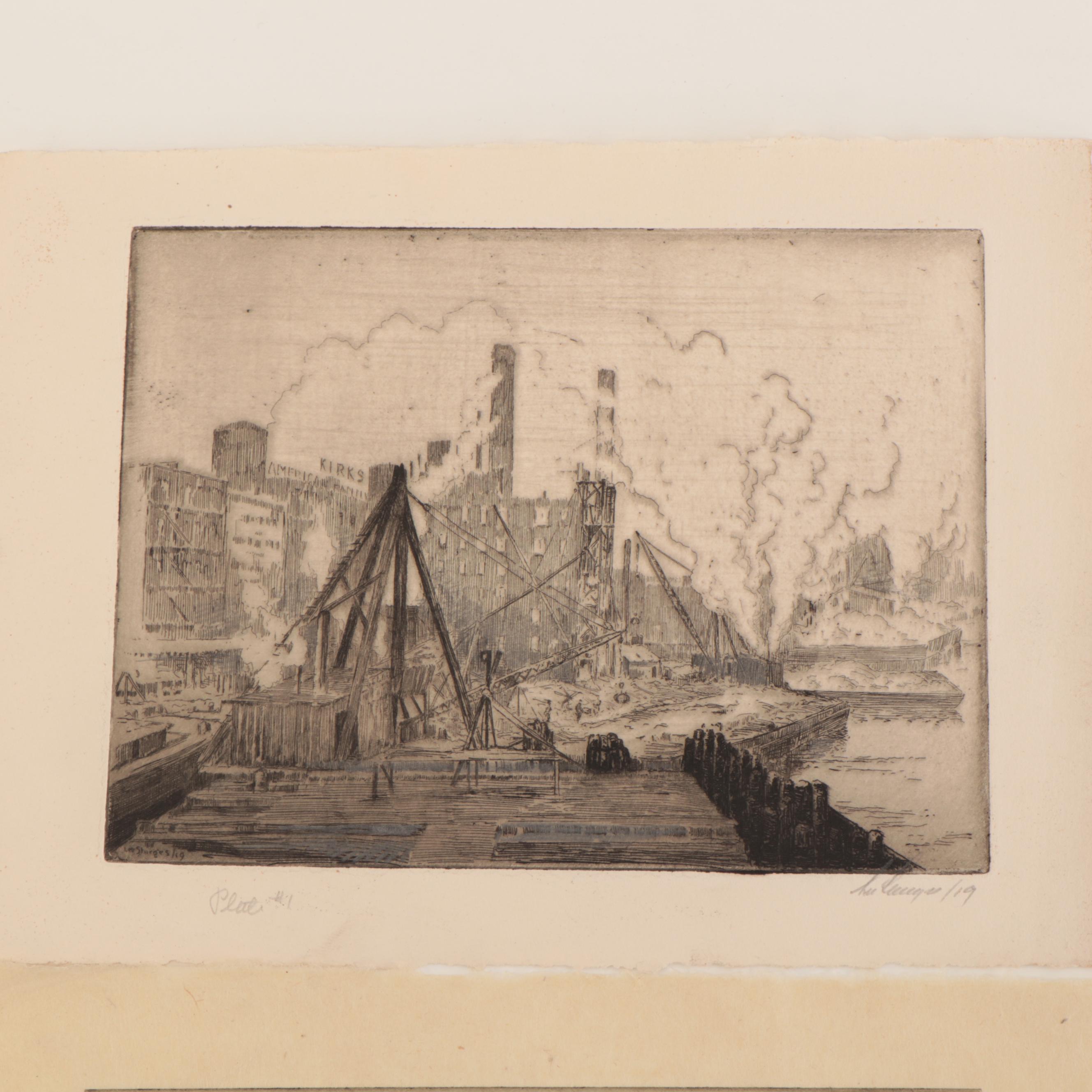 Lee Sturges Etchings "Pier for Boulevard Bridge" and "Coal Docks"