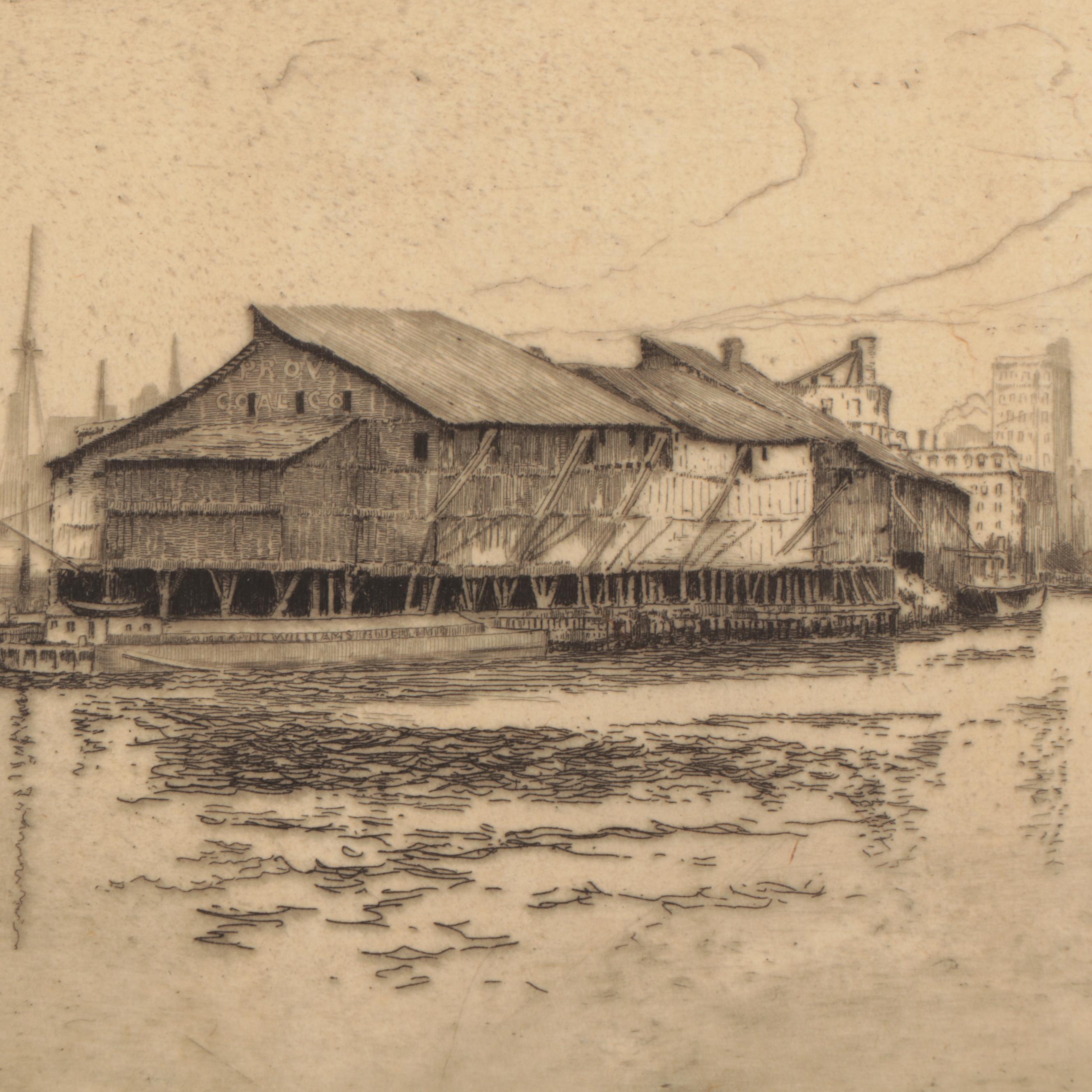 Lee Sturges Etchings "Pier for Boulevard Bridge" and "Coal Docks"