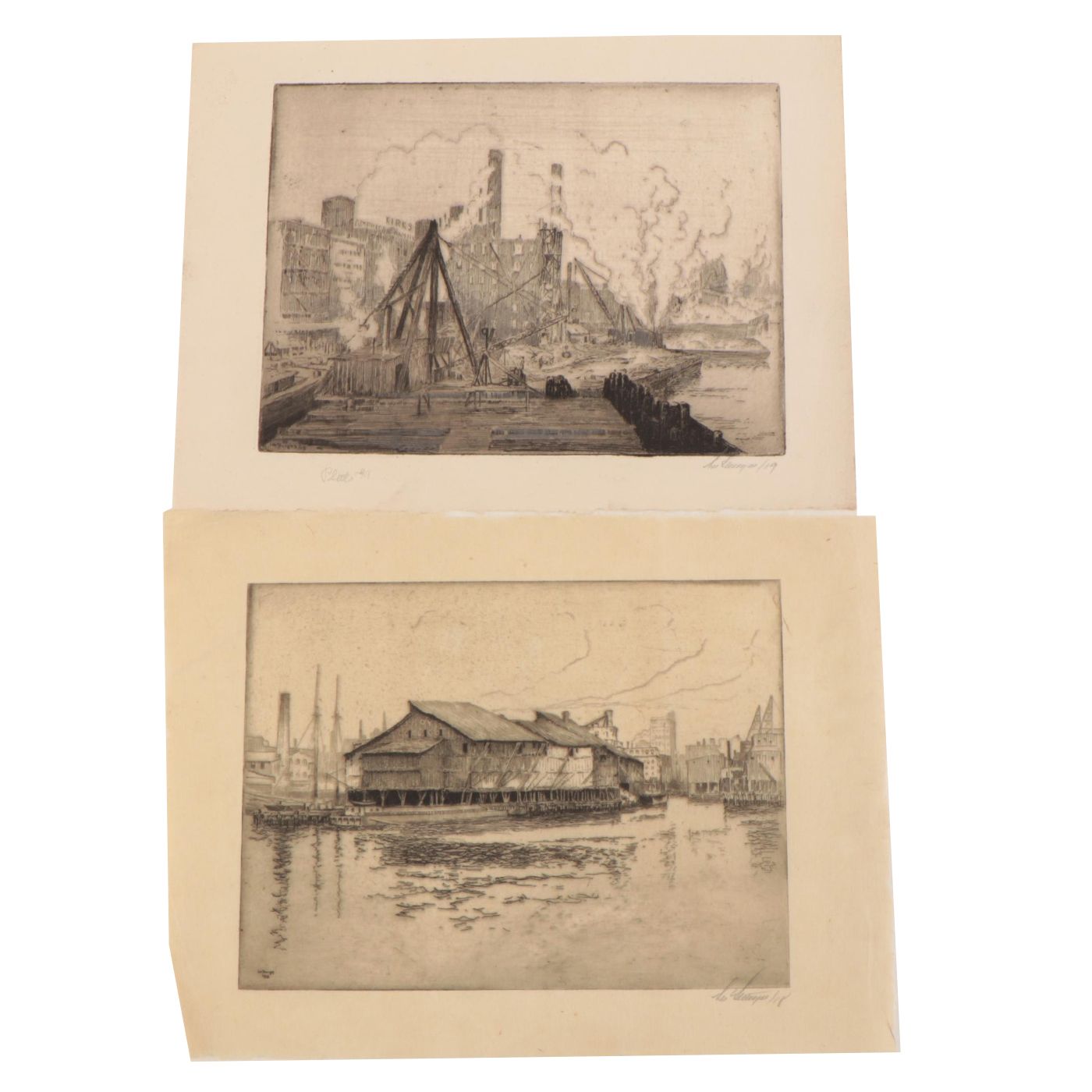 Lee Sturges Etchings "Pier for Boulevard Bridge" and "Coal Docks"