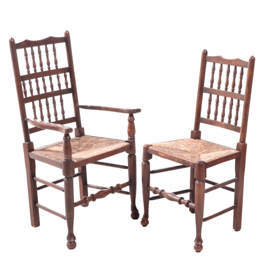 Two Lancashire Style Oak Spindle Back Dining Chairs, 20th Century