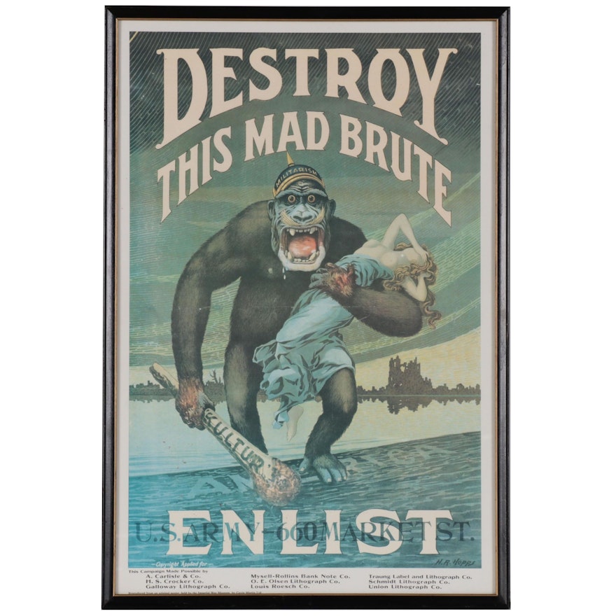 Offset Lithograph After WWI Propaganda Poster "Destroy This Mad Brute"