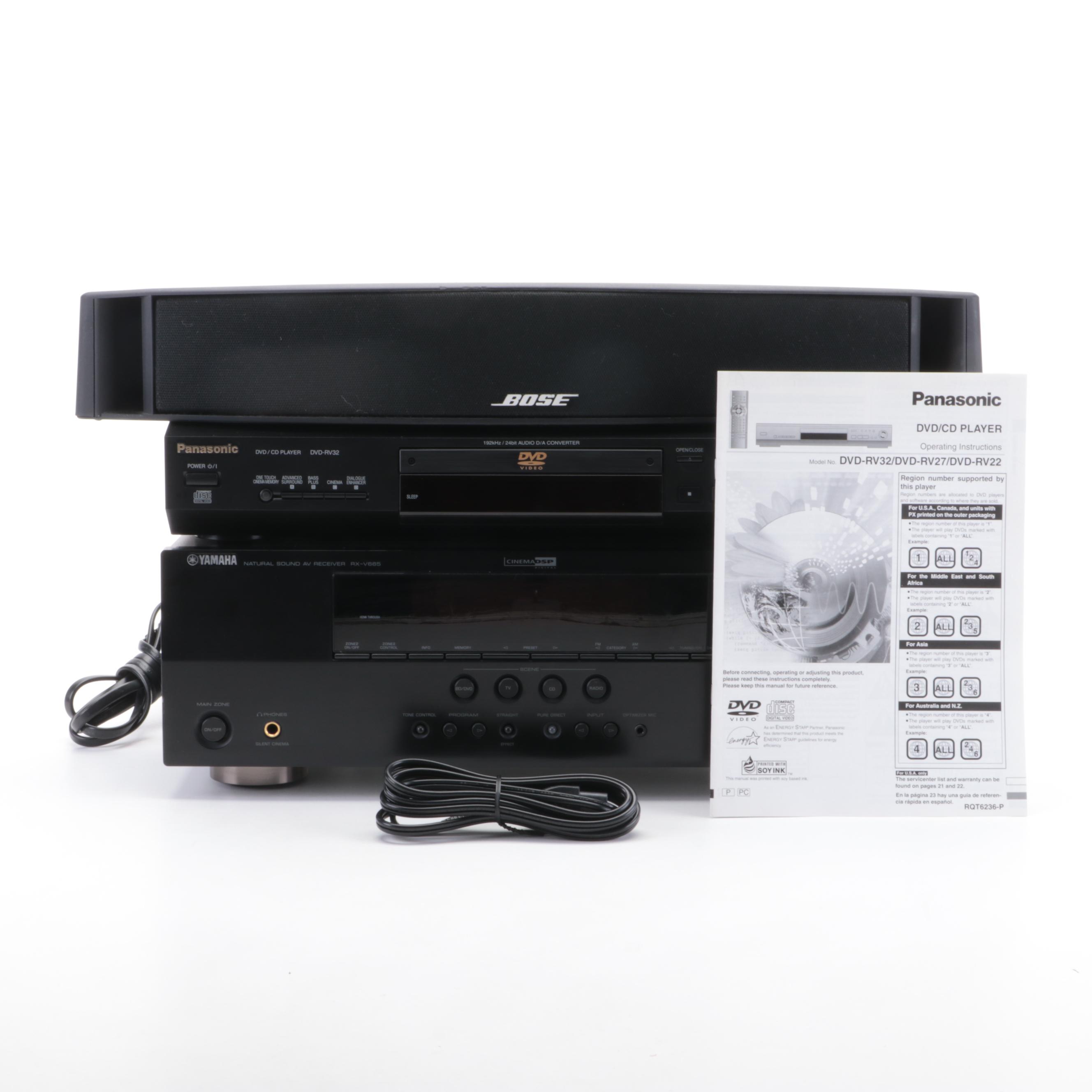 Yamaha Sound AV Receiver with Panasonic CD/DVD Player and Bose Center Speaker