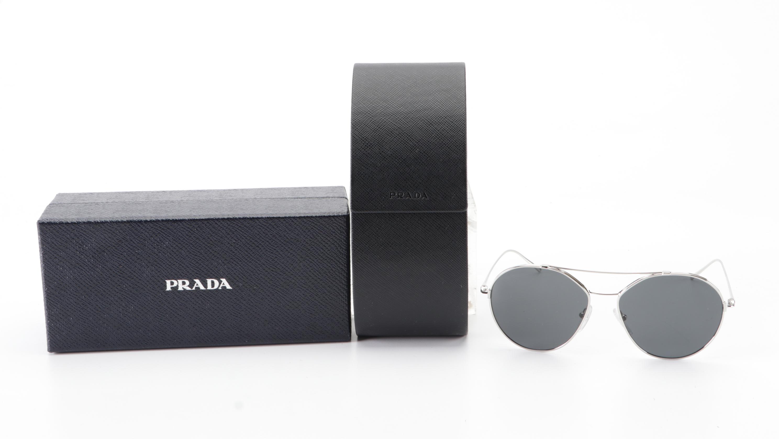 Prada SPR56U Silver Metal Aviator Sunglasses with Box and Case