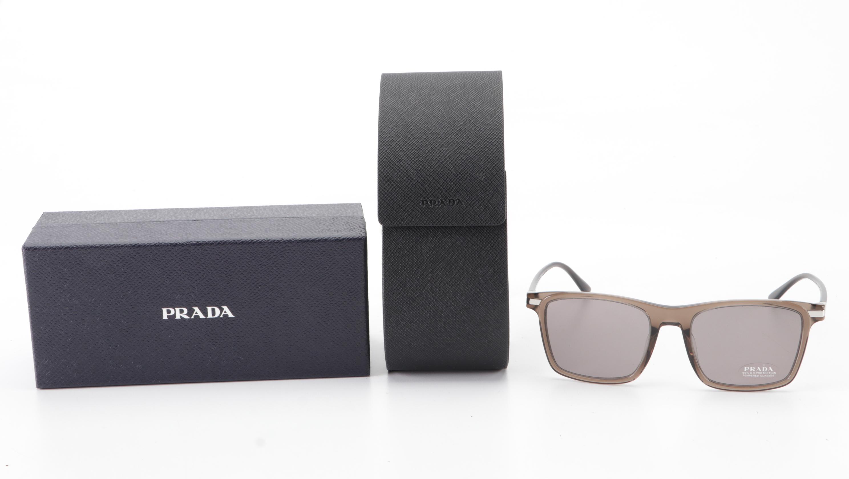 Prada SPR19X-F Translucent Brown Rectangular Sunglasses with Case and Box