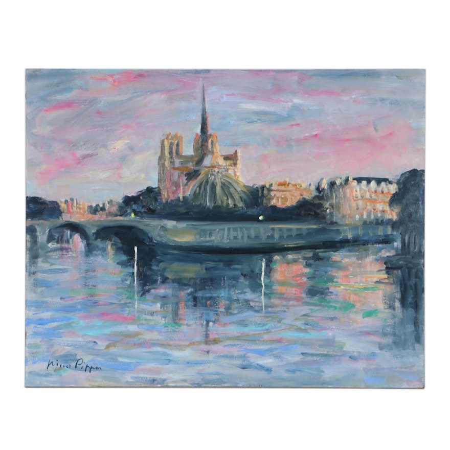 Nino Pippa Oil Painting "Paris - Notre Dame on Twilight," 2016