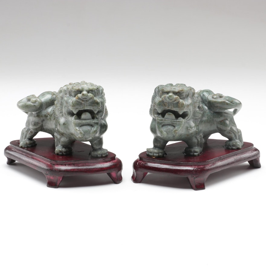 Pair of Chinese Carved Soapstone Guardian Lions on Wood Bases