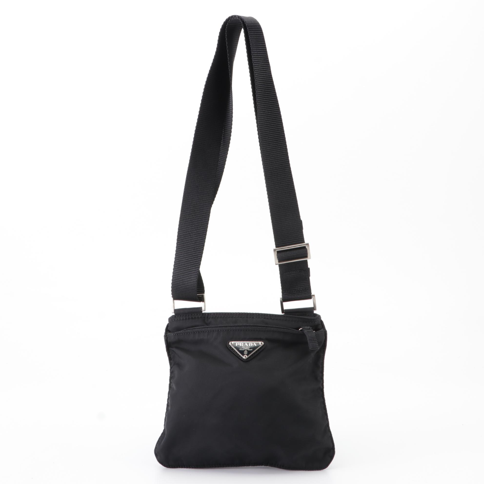 Prada Small Flat Vela Crossbody Bag in Black Tessuto Nylon