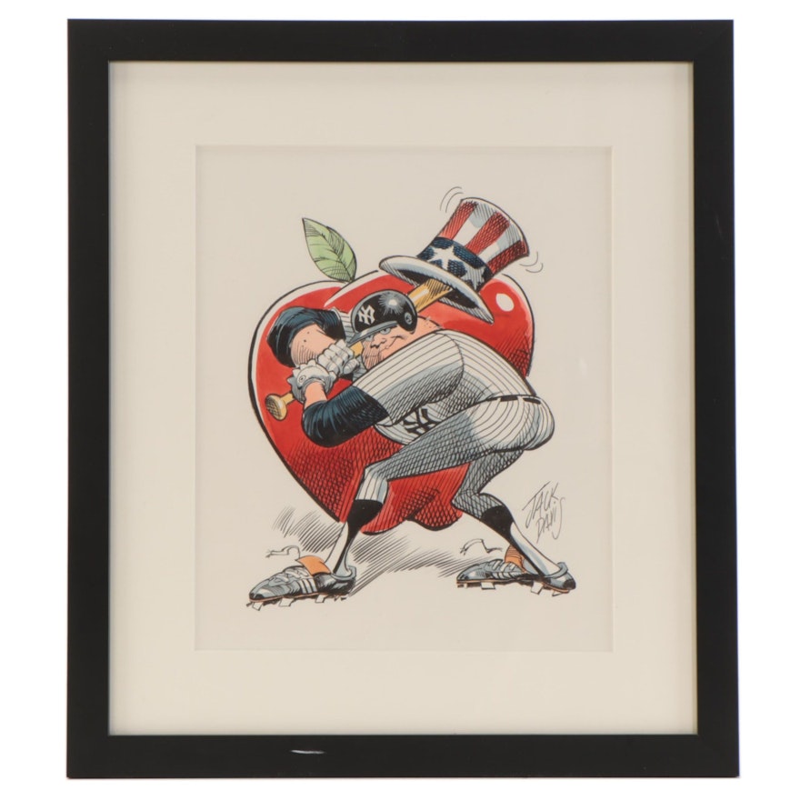 Jack Davis Ink and Watercolor Drawing of New York Yankees, 21st Century