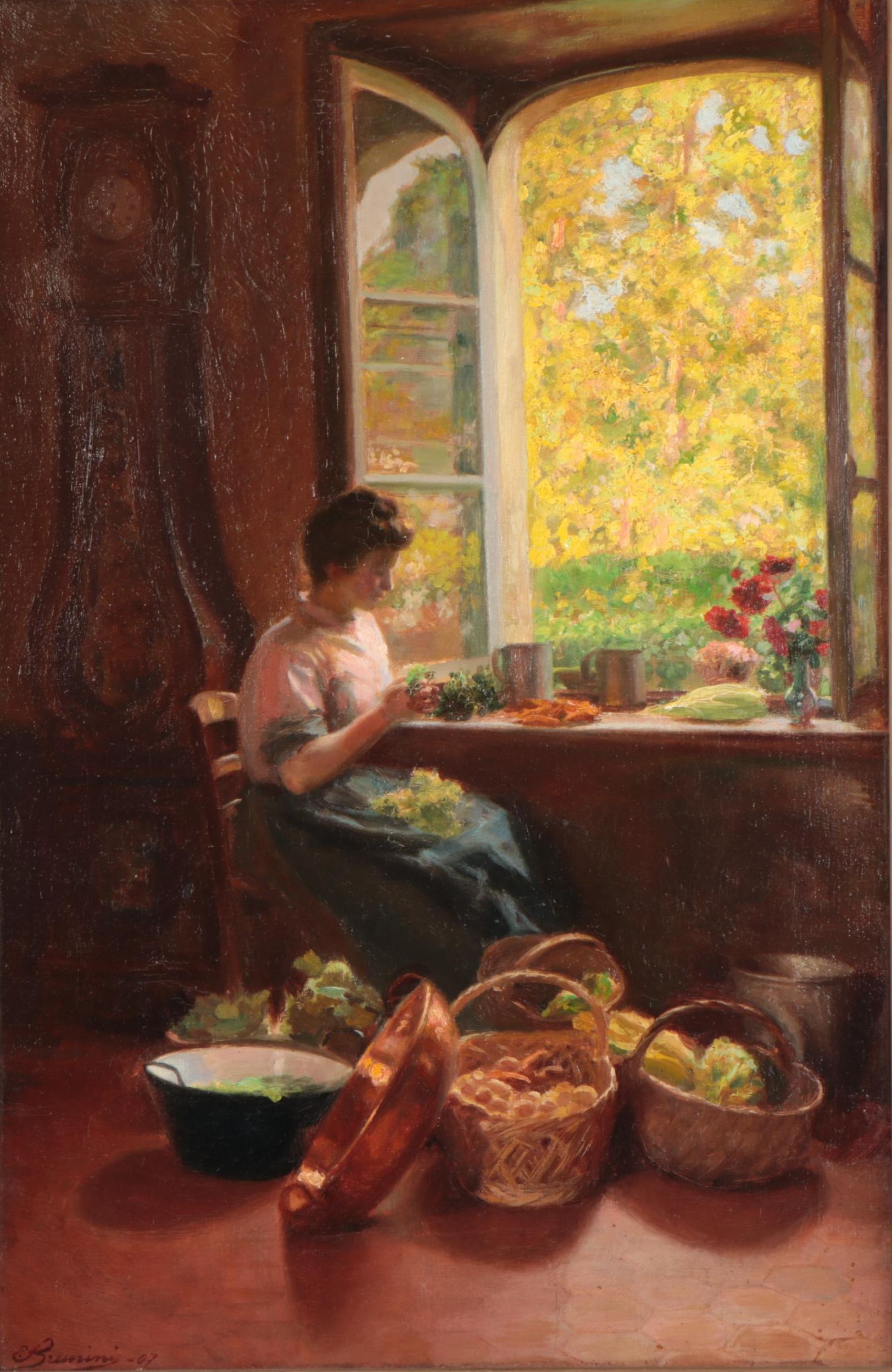 Ettore Brunini Oil Painting of Woman Sitting by a Window, 1907