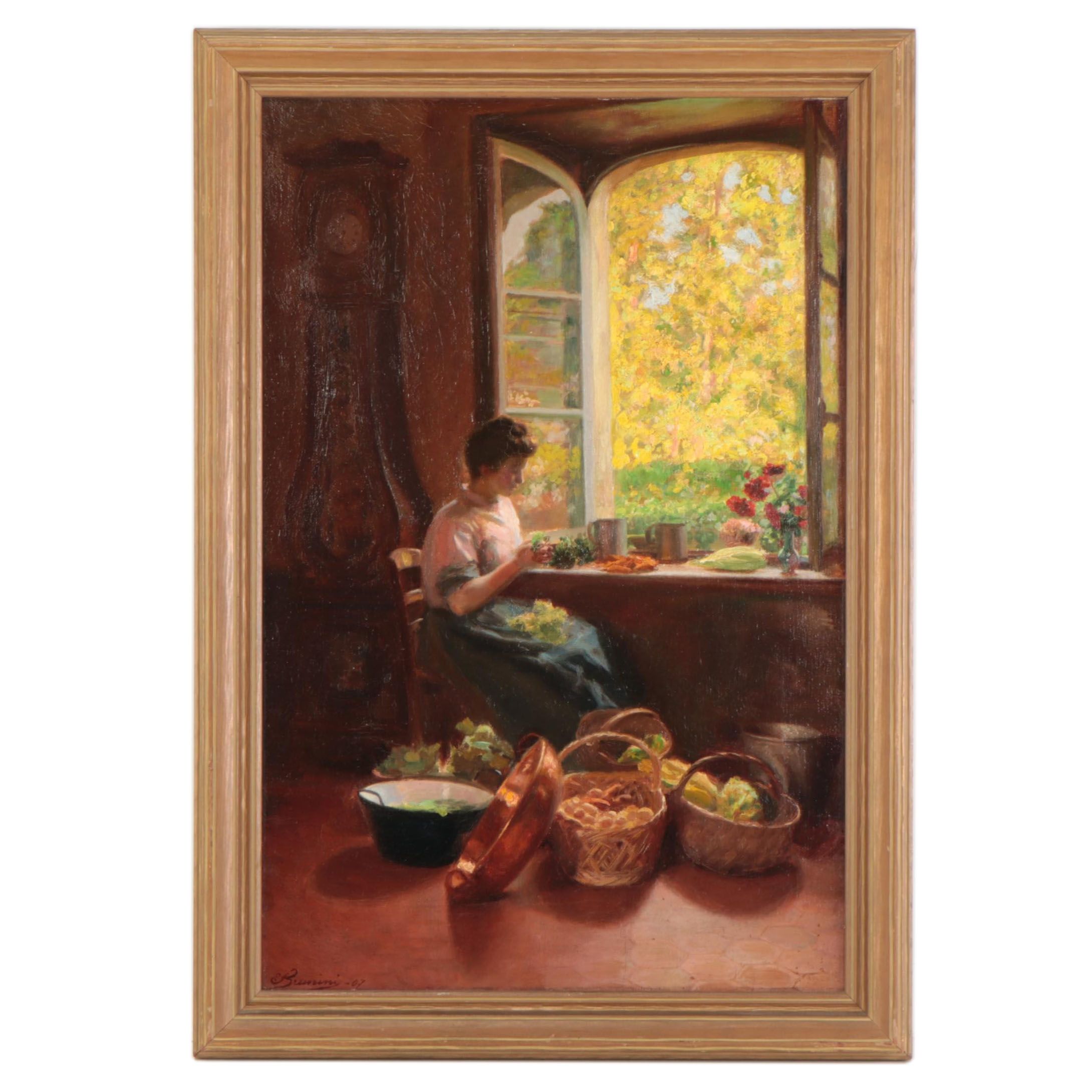 Ettore Brunini Oil Painting of Woman Sitting by a Window, 1907