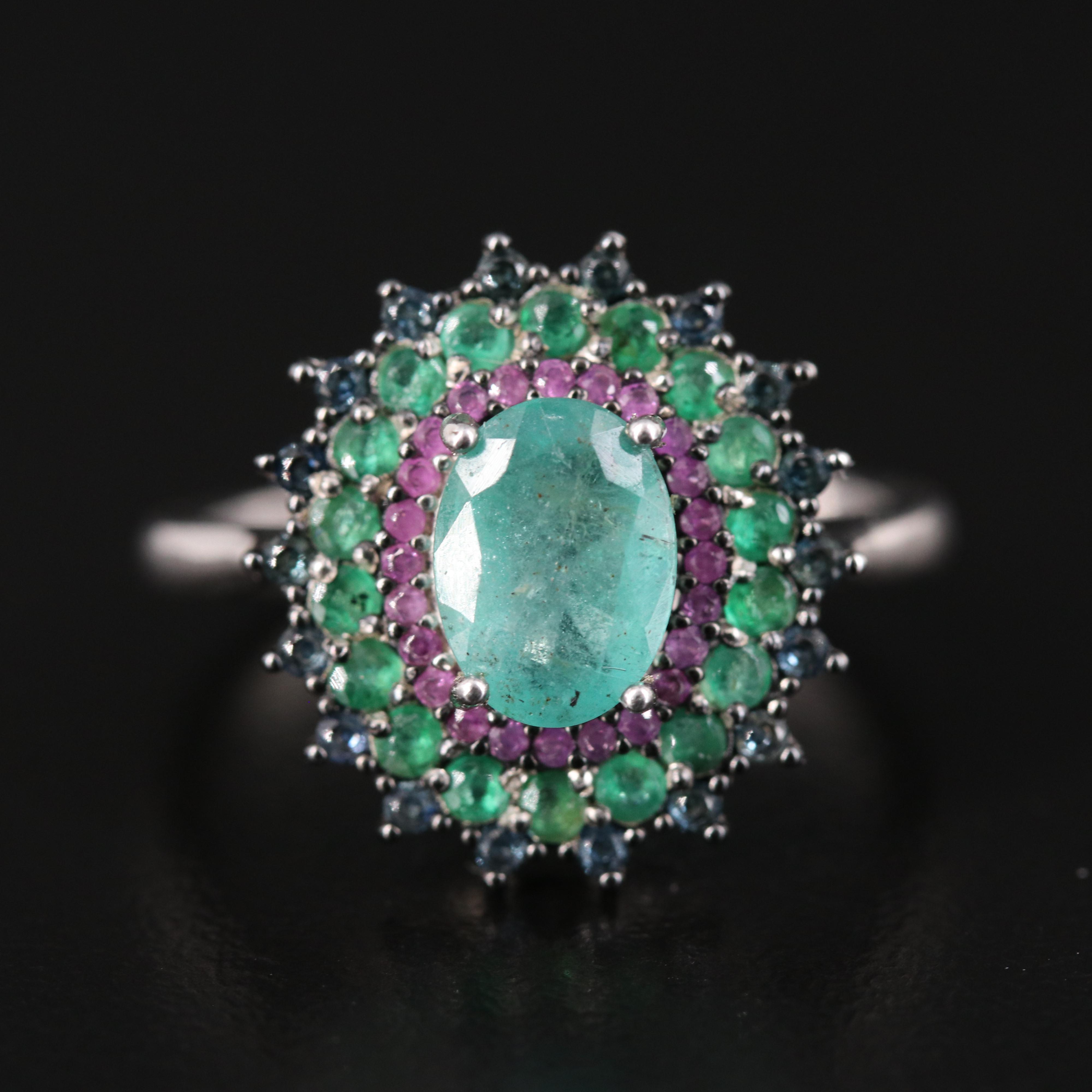 Sterling Emerald, Sapphire and Ruby Ring