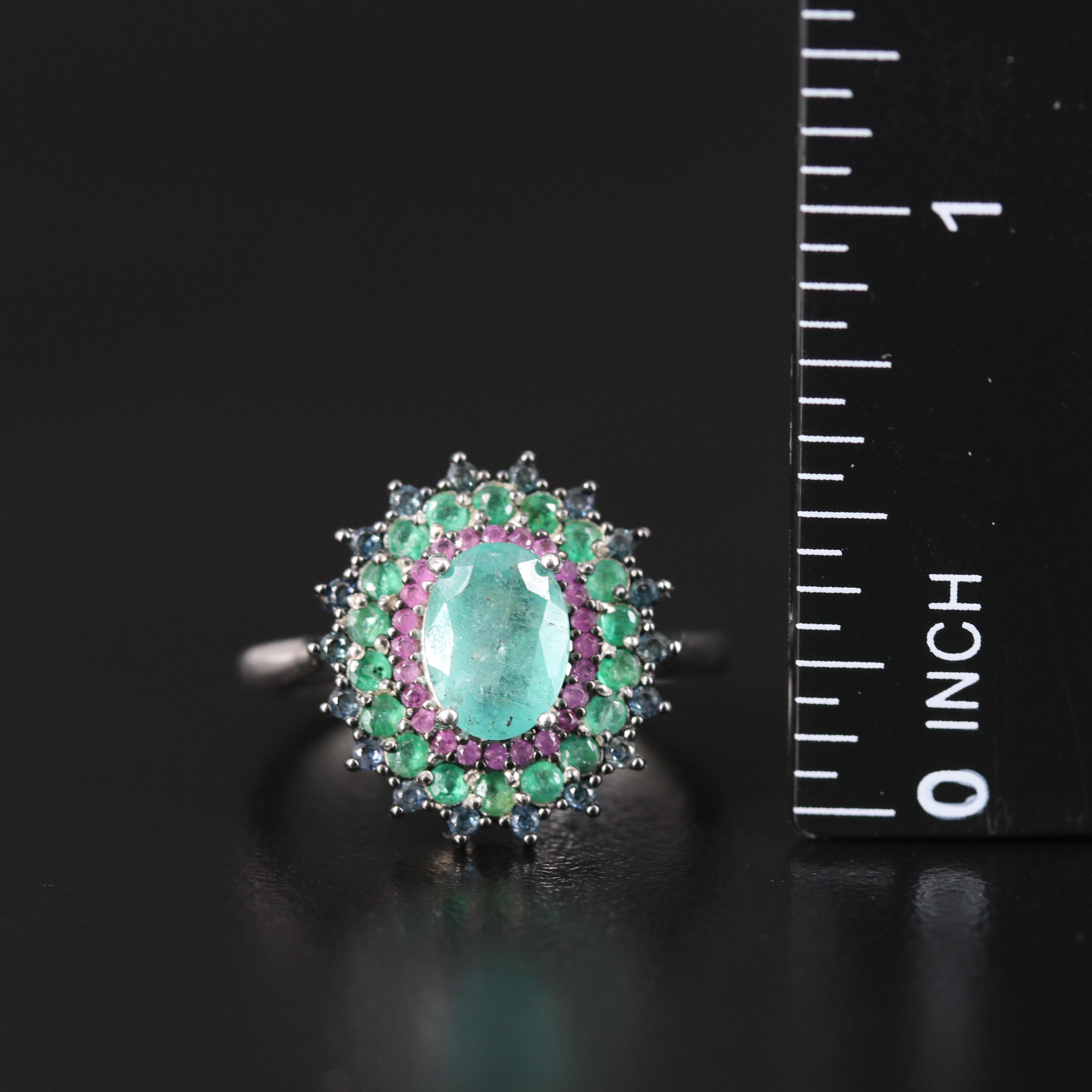 Sterling Emerald, Sapphire and Ruby Ring