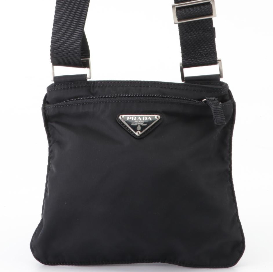 Prada Small Flat Vela Crossbody Bag in Black Tessuto Nylon