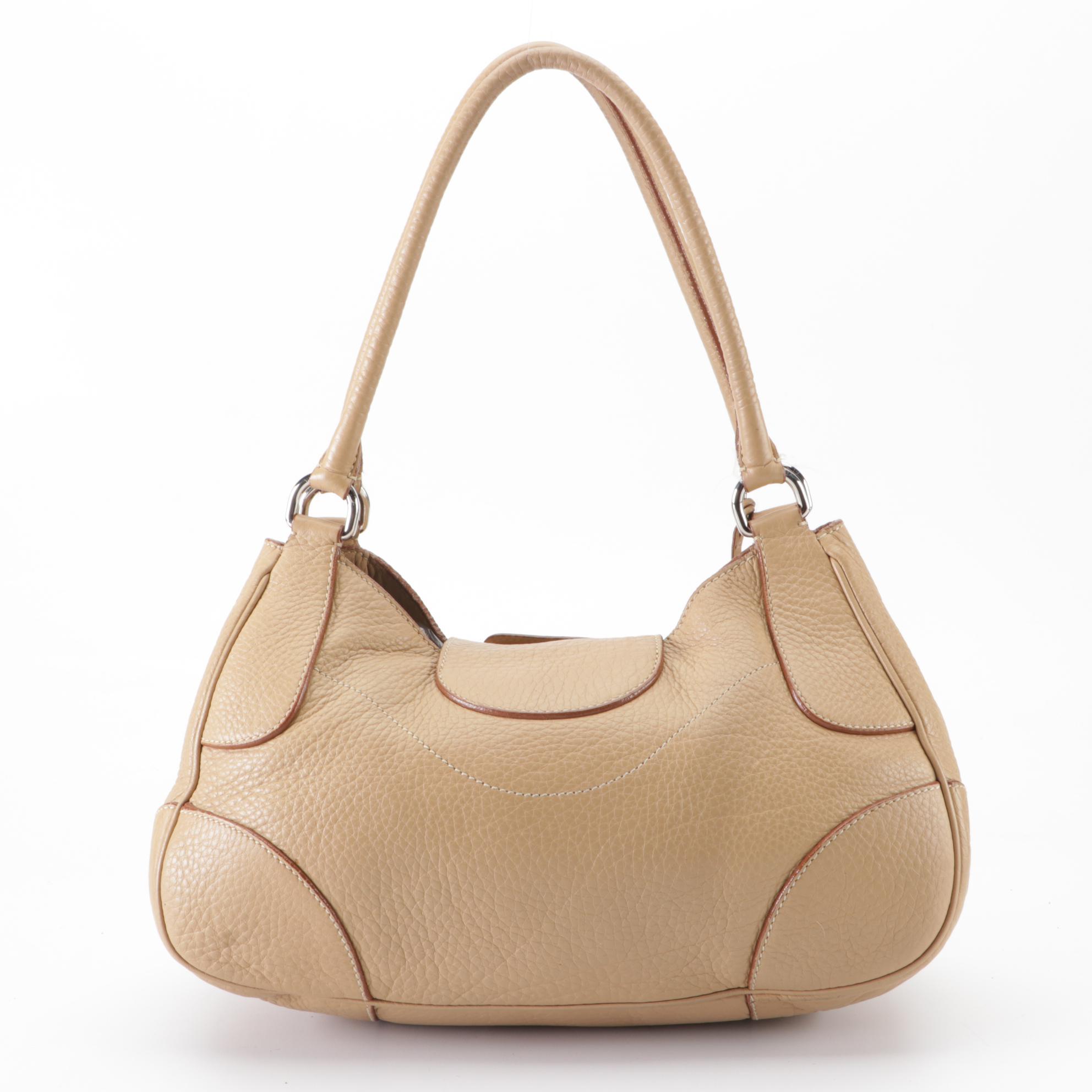 Prada Sound Lock Shoulder Bag in Beige Pebbled Leather