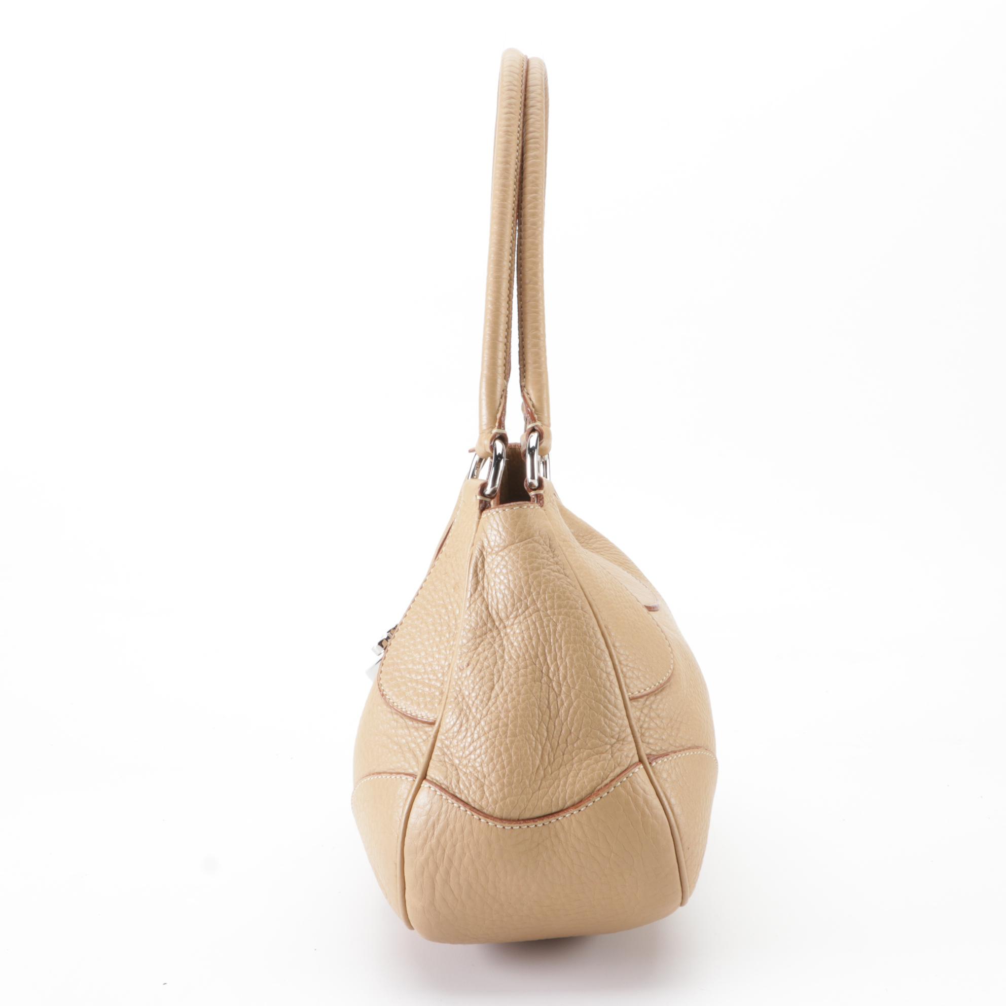 Prada Sound Lock Shoulder Bag in Beige Pebbled Leather
