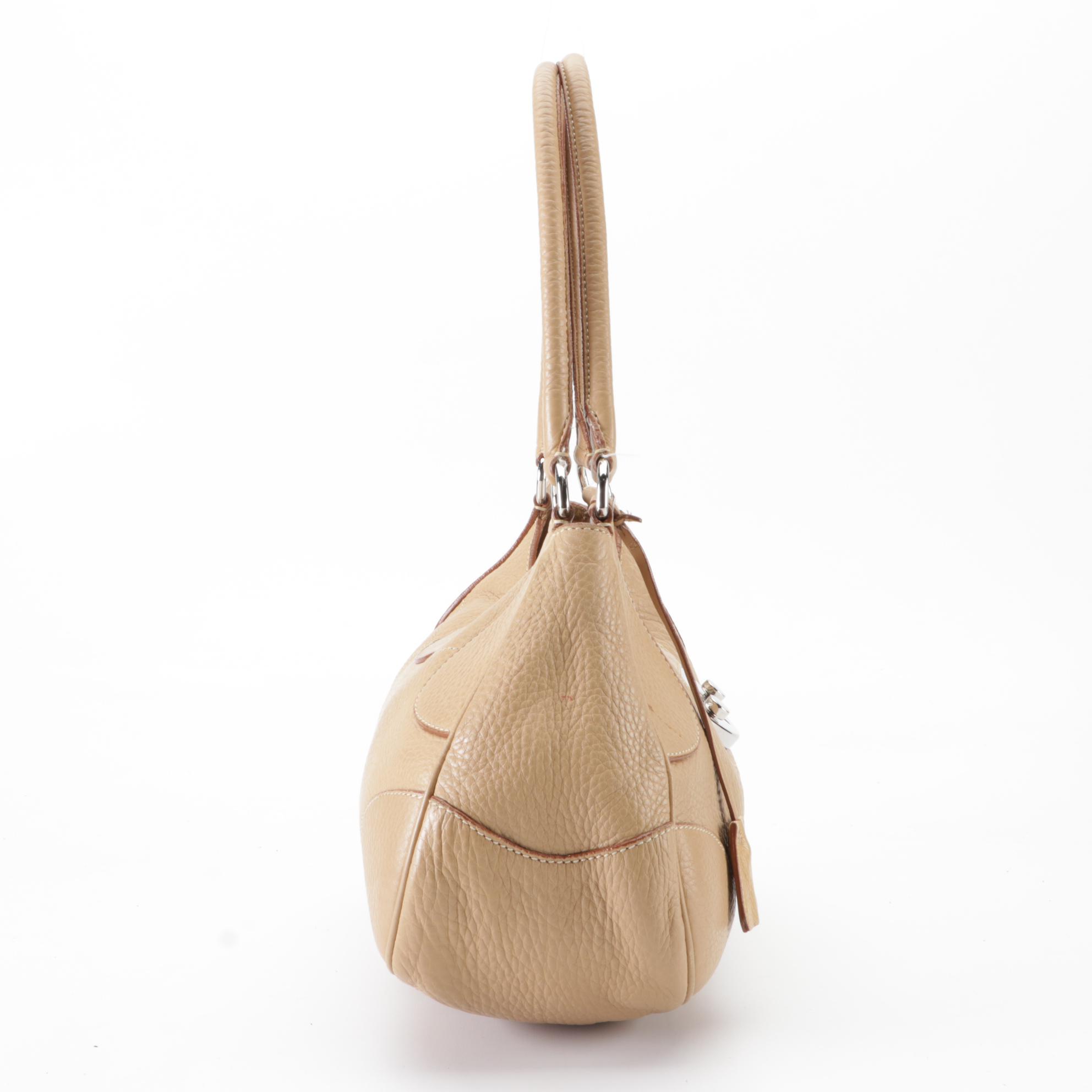 Prada Sound Lock Shoulder Bag in Beige Pebbled Leather