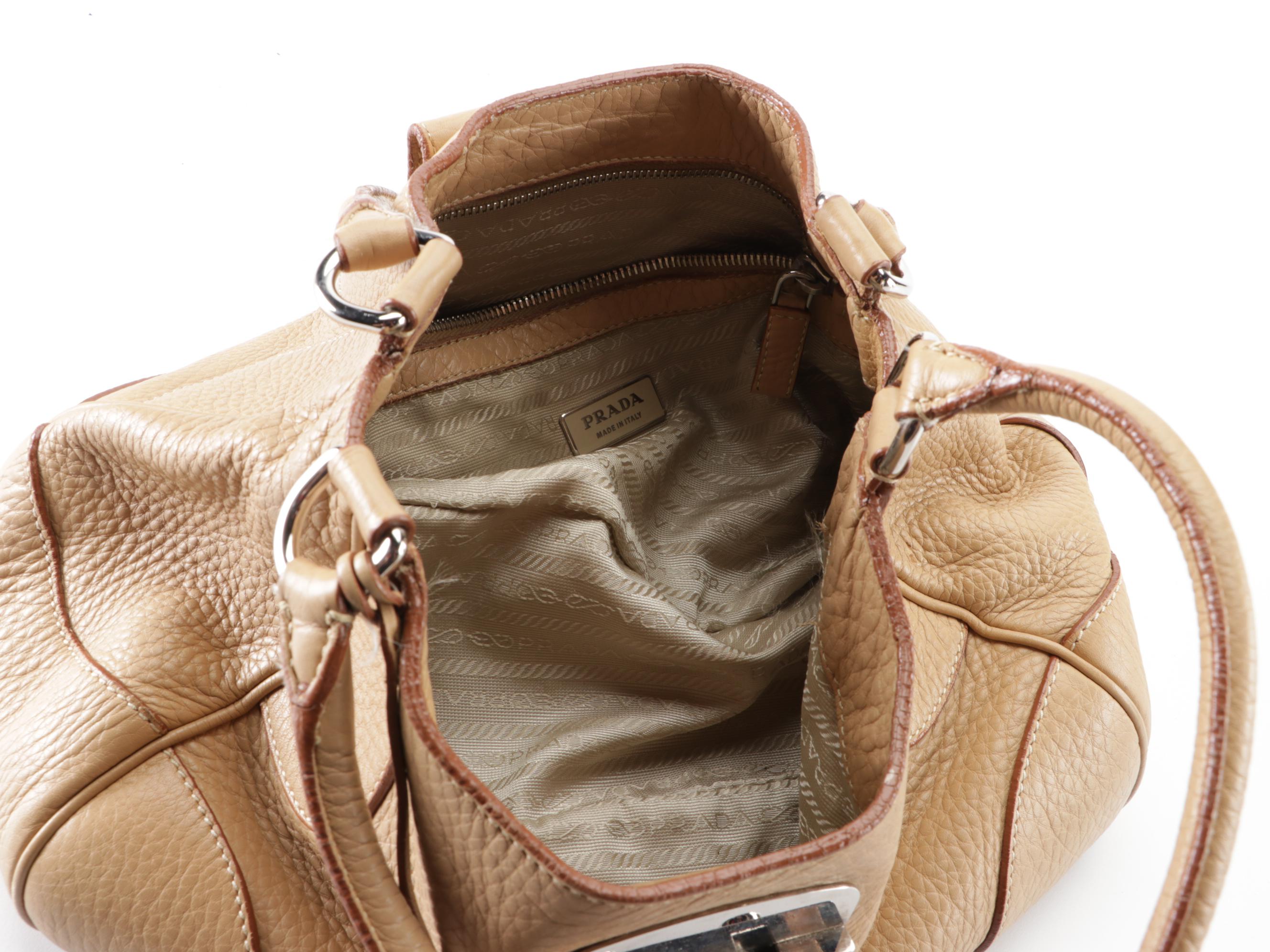 Prada Sound Lock Shoulder Bag in Beige Pebbled Leather