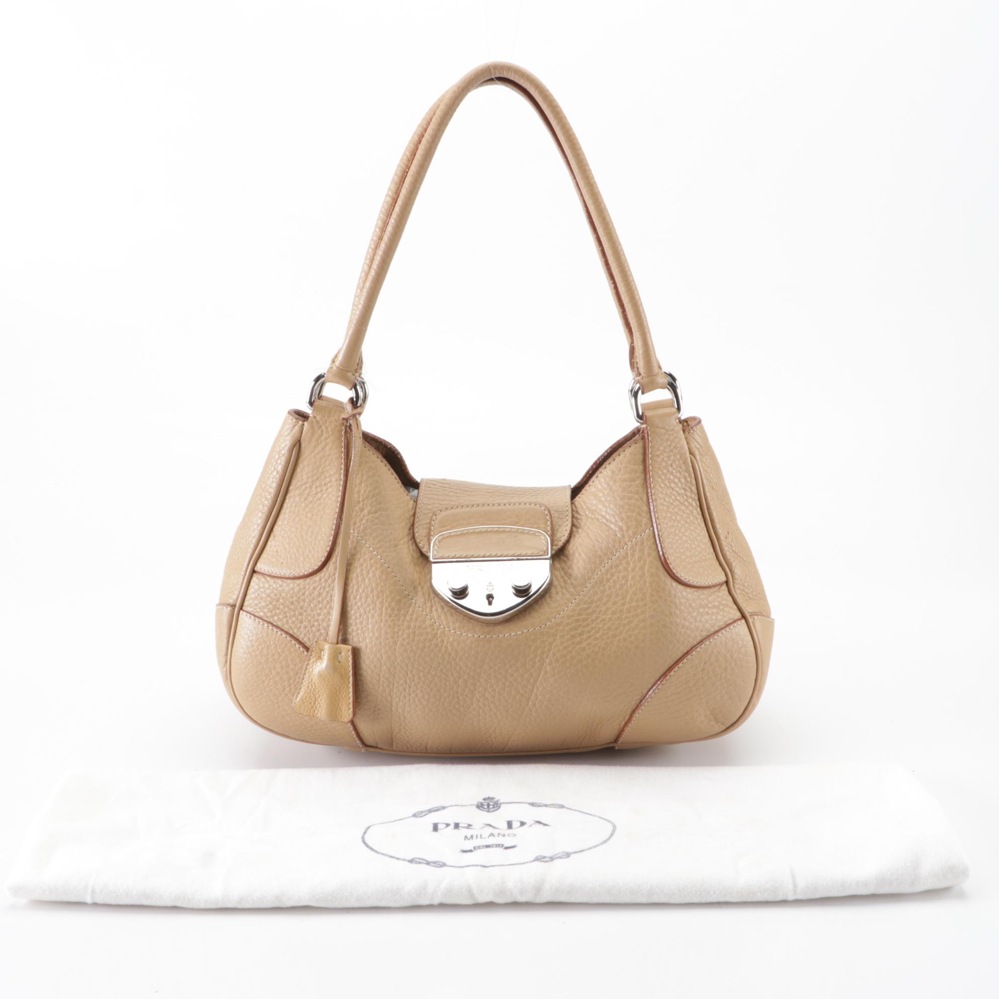 Prada Sound Lock Shoulder Bag in Beige Pebbled Leather