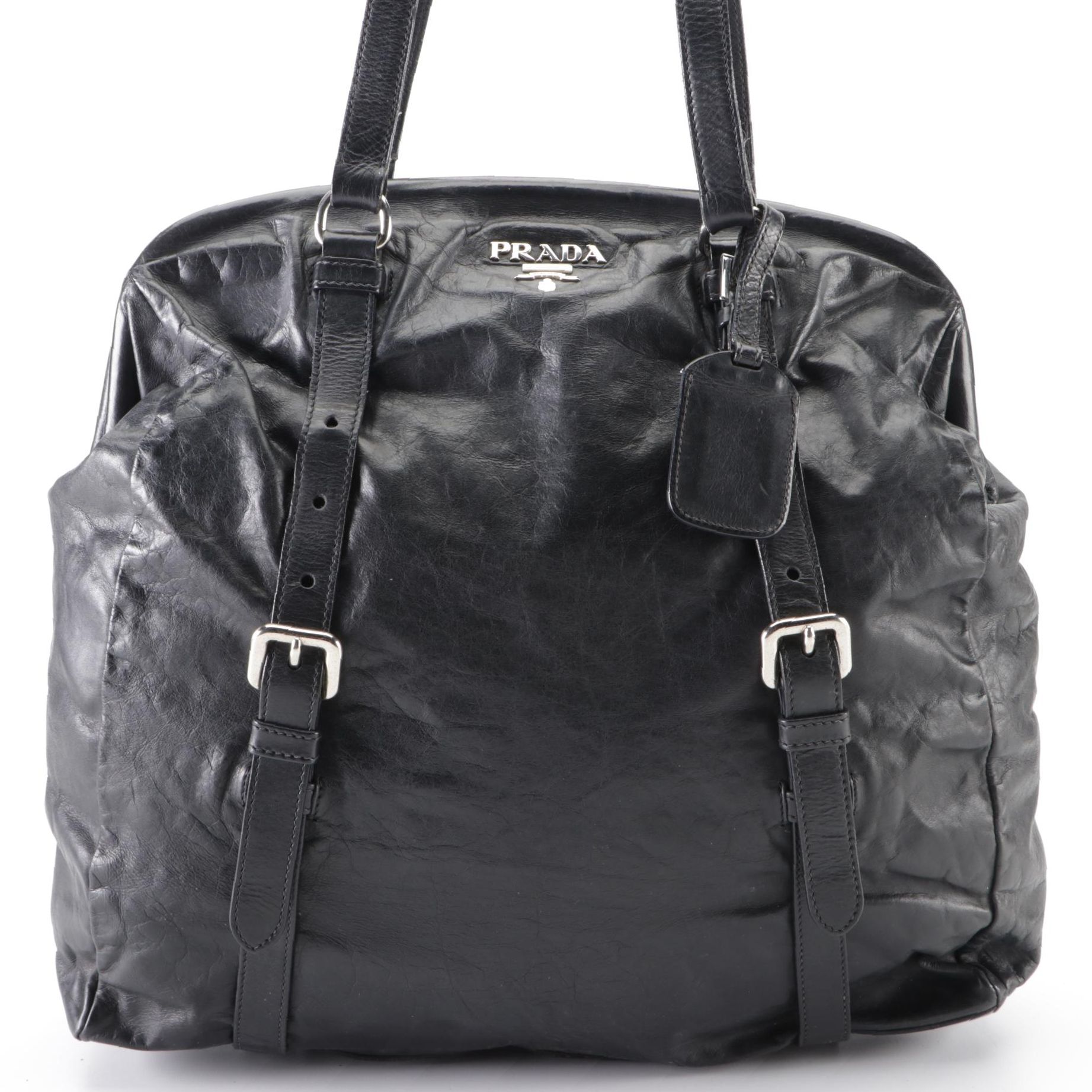 Prada New Look Belt Strap Frame Bag in Black Leather