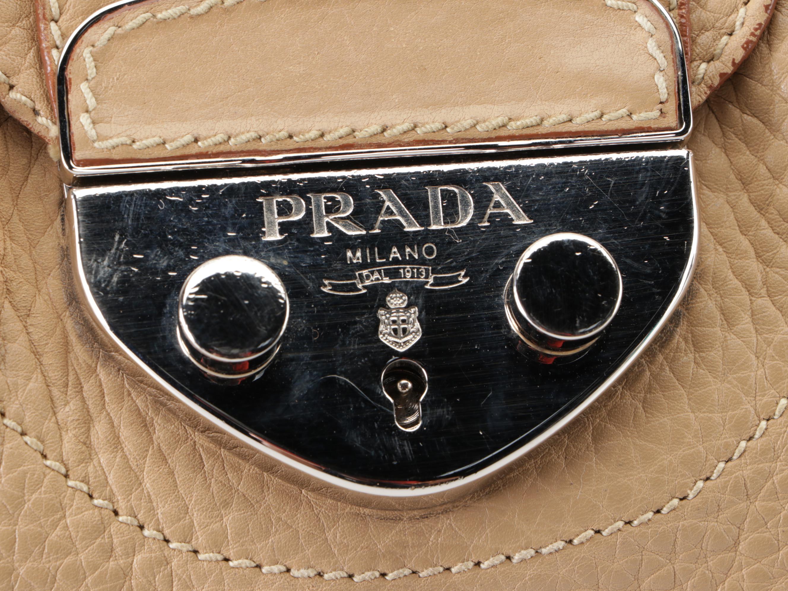 Prada Sound Lock Shoulder Bag in Beige Pebbled Leather