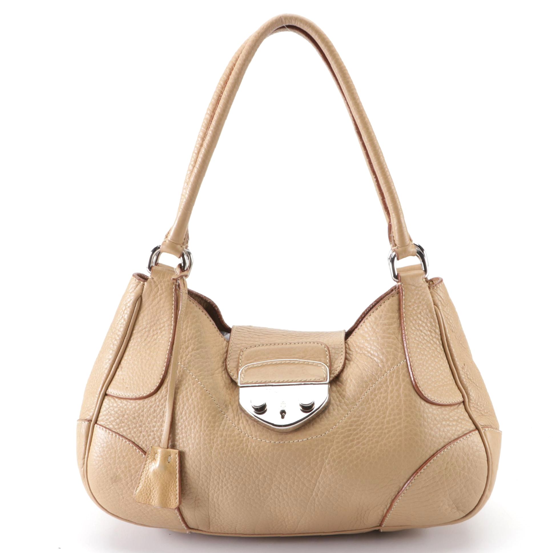 Prada Sound Lock Shoulder Bag in Beige Pebbled Leather