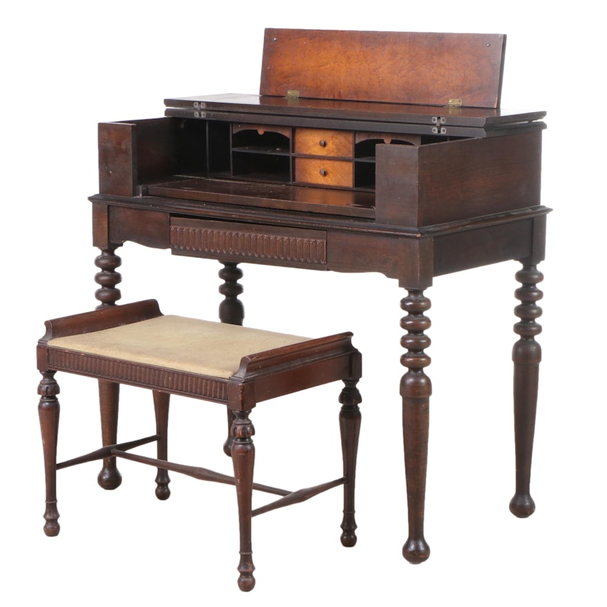 Federal Style Walnut and Maple Spinet Desk with Stool, Early 20th Century