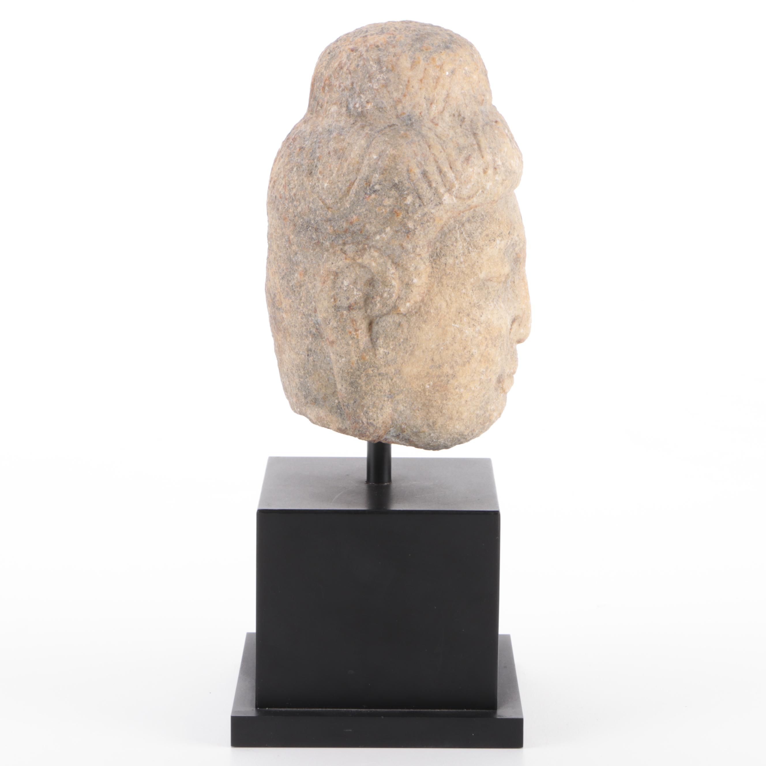 Chinese White Marble Buddha Head on Stand, 8th Century