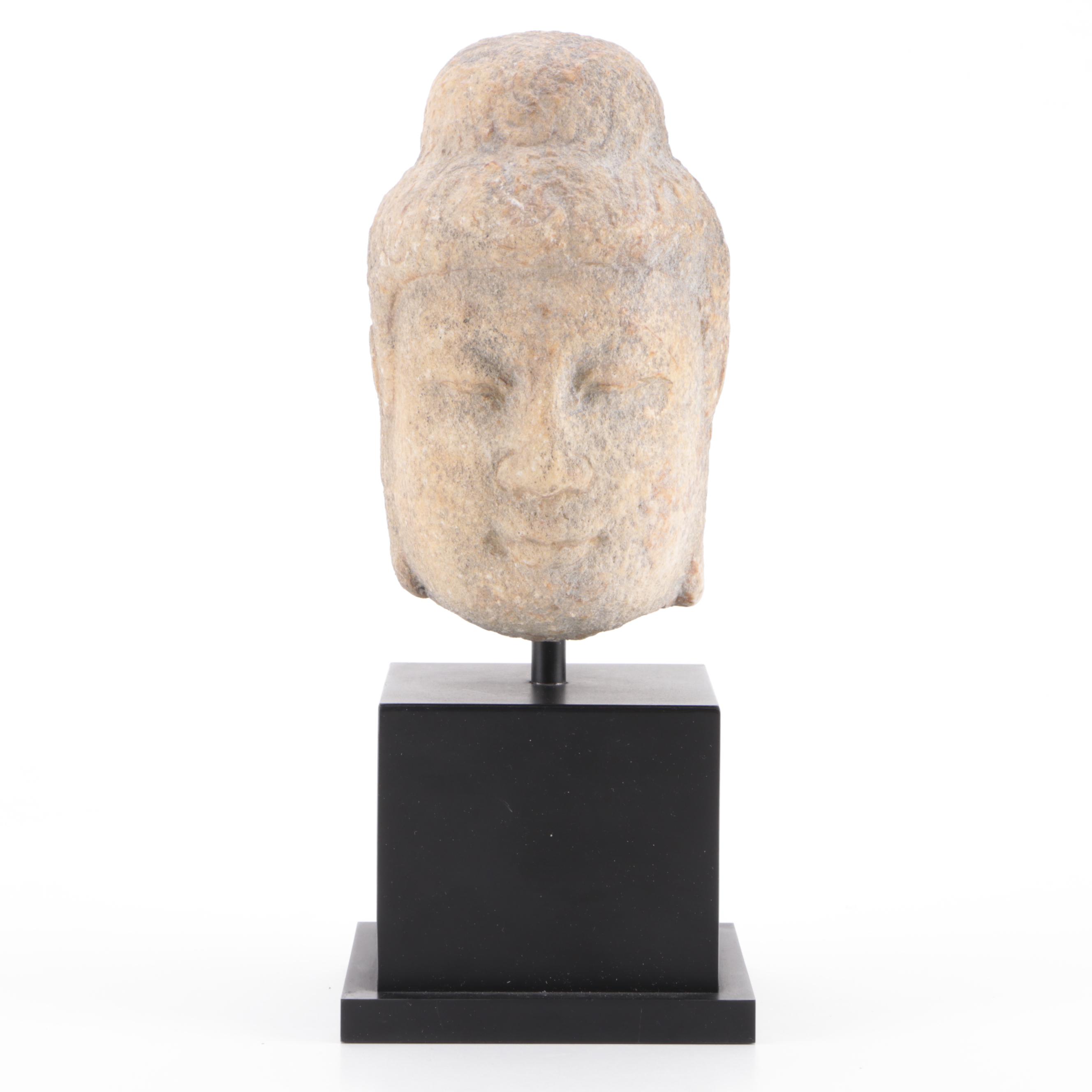 Chinese White Marble Buddha Head on Stand, 8th Century