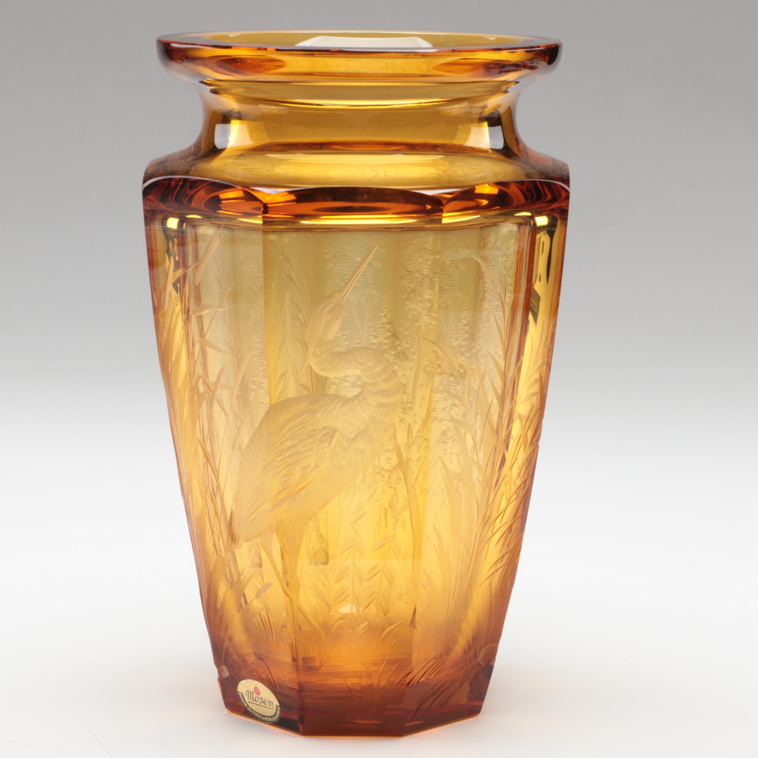 Konstantin Hable Jr. for Moser Landscape with Heron Engraved Crystal Vase, 1979