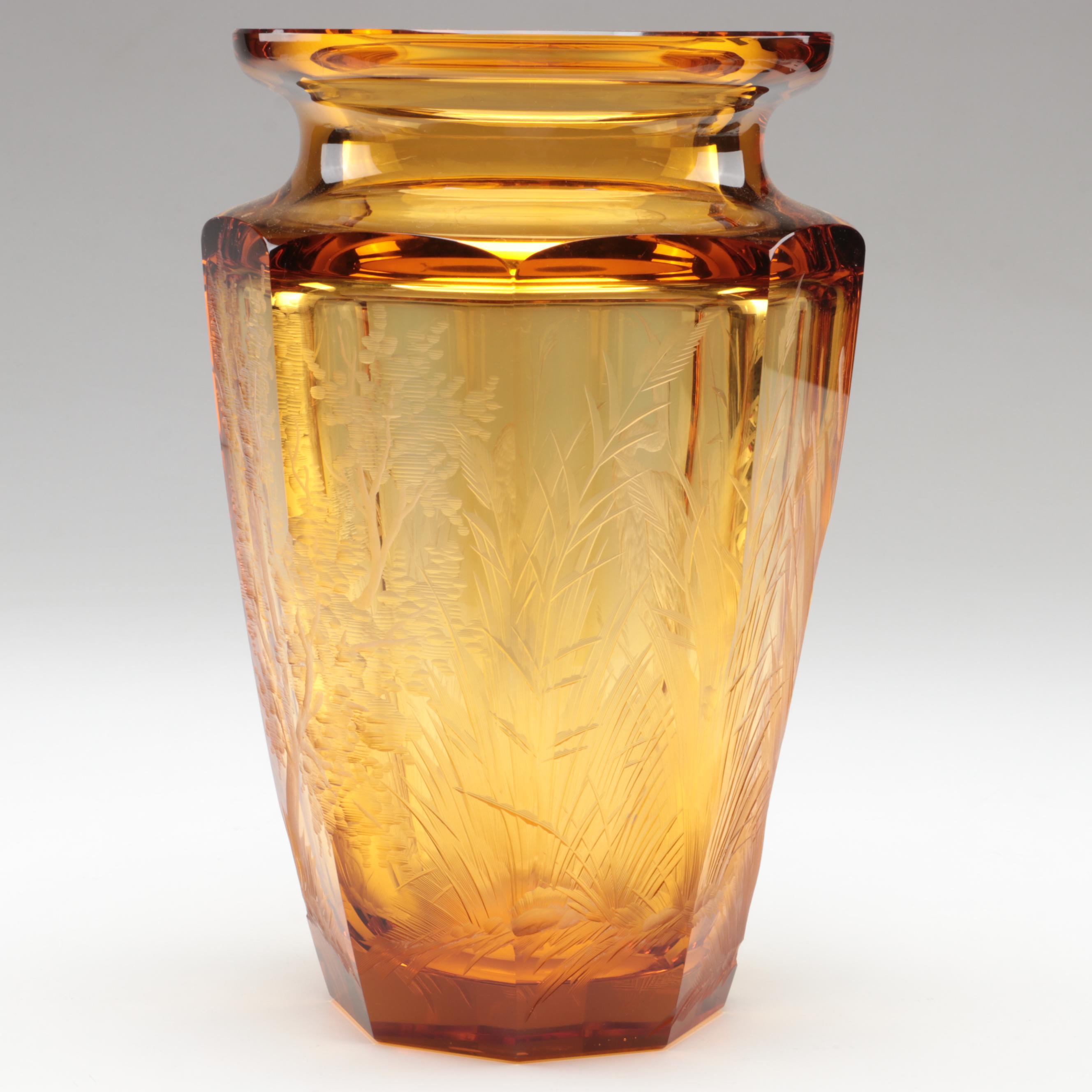 Konstantin Hable Jr. for Moser Landscape with Heron Engraved Crystal Vase, 1979