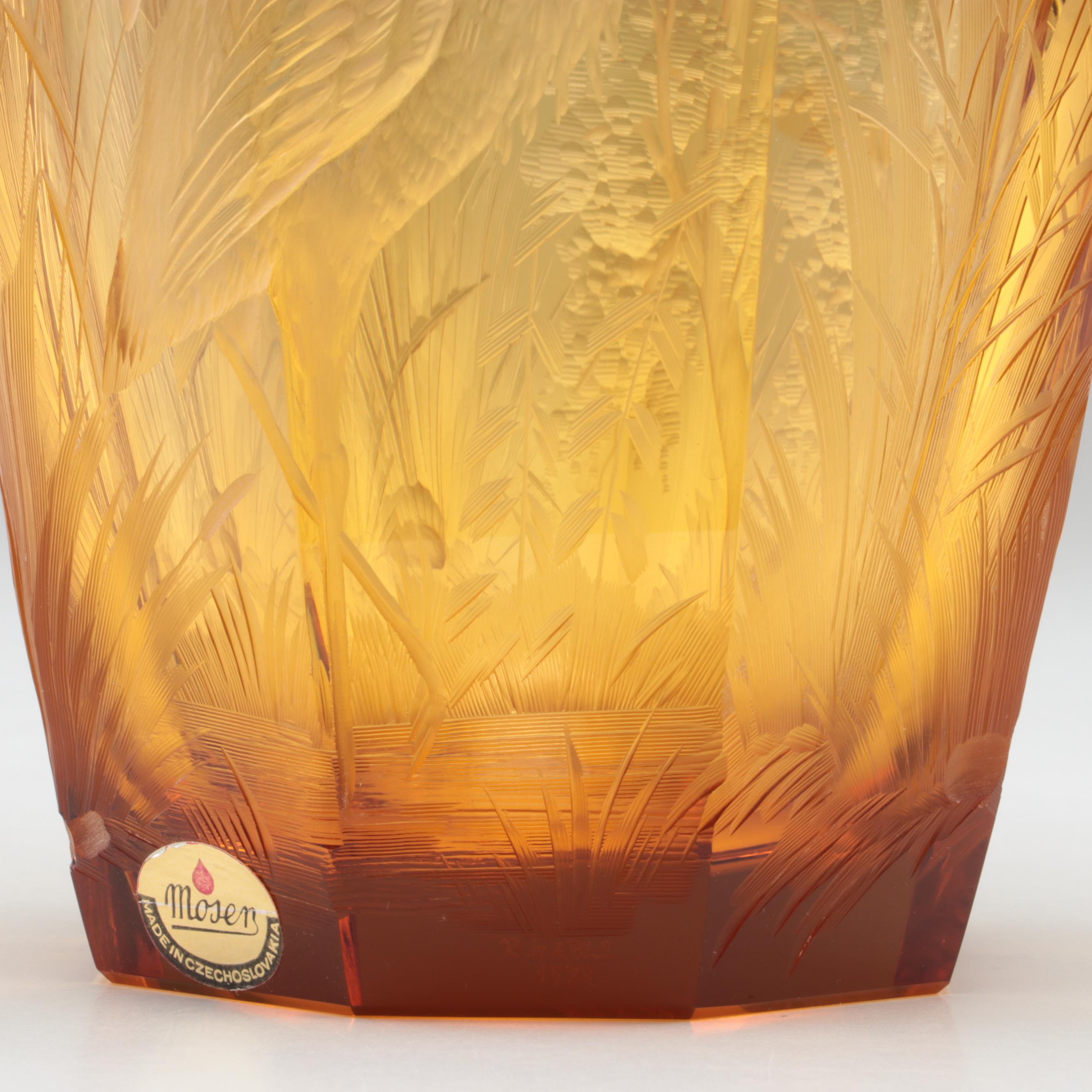 Konstantin Hable Jr. for Moser Landscape with Heron Engraved Crystal Vase, 1979